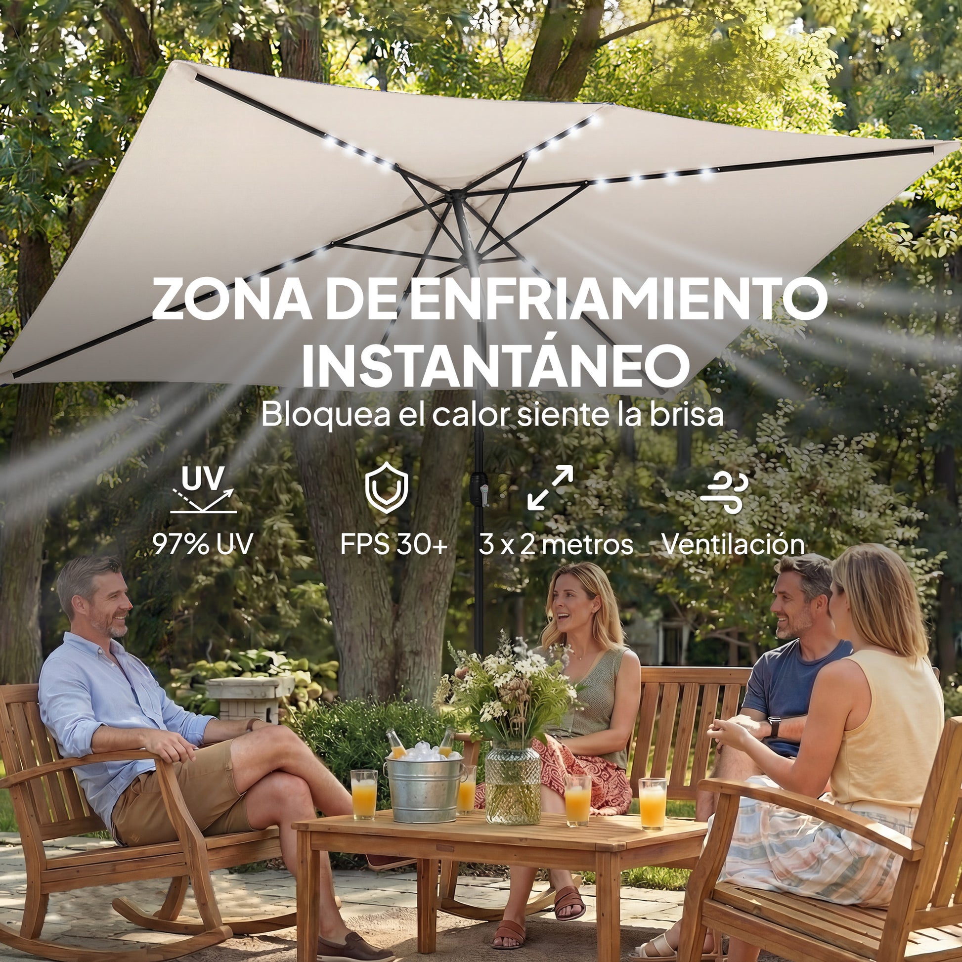 Outsunny Sombrilla Terraza Exterior, 2,9x2,5 m, Sombrilla de Jardín con 24 Luces LED Solares, Dosel Inclinable, Poste Metálico, Parasol para Patio, Terraza, Crema
