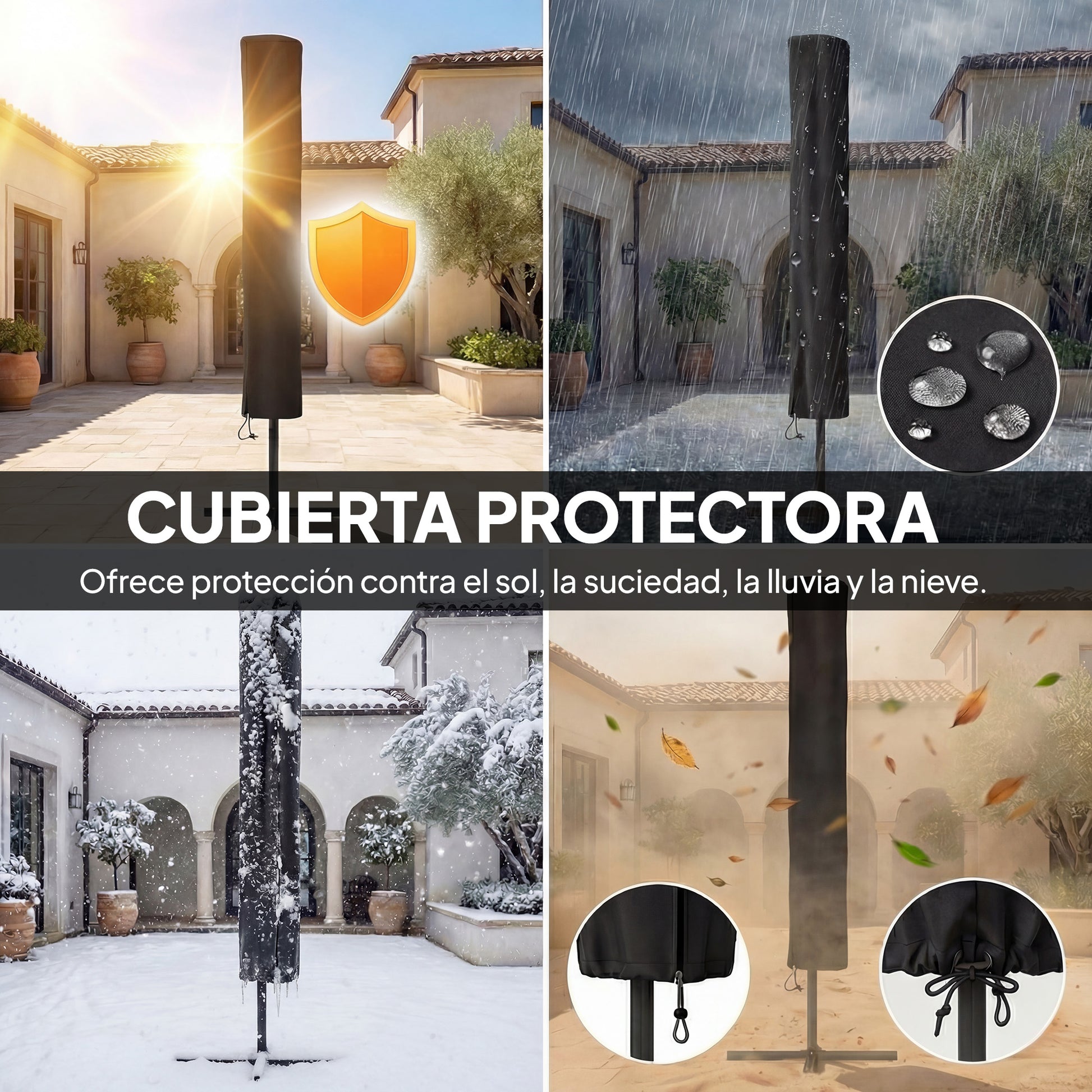 Outsunny Sombrilla Terraza Exterior, 2,9x2,5 m, Sombrilla de Jardín con 24 Luces LED Solares, Dosel Inclinable, Poste Metálico, Parasol para Patio, Terraza, Crema