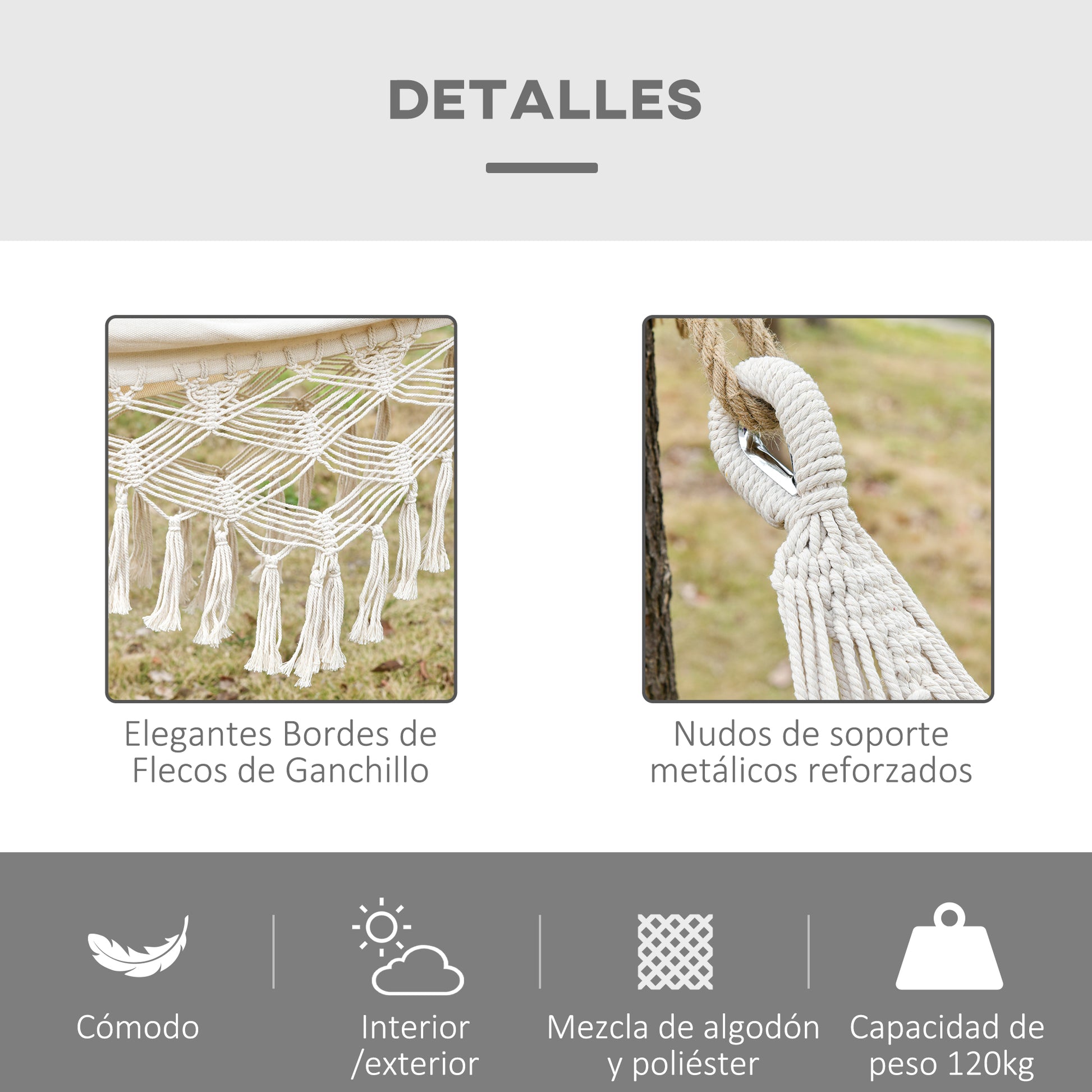 Outsunny Hamaca Colgante 288x150 cm Hamaca de Jardín de Estilo Boho con Bolsa de Transporte Carga 120 kg Hamaca para Patio Terraza Balcón Camping Crema