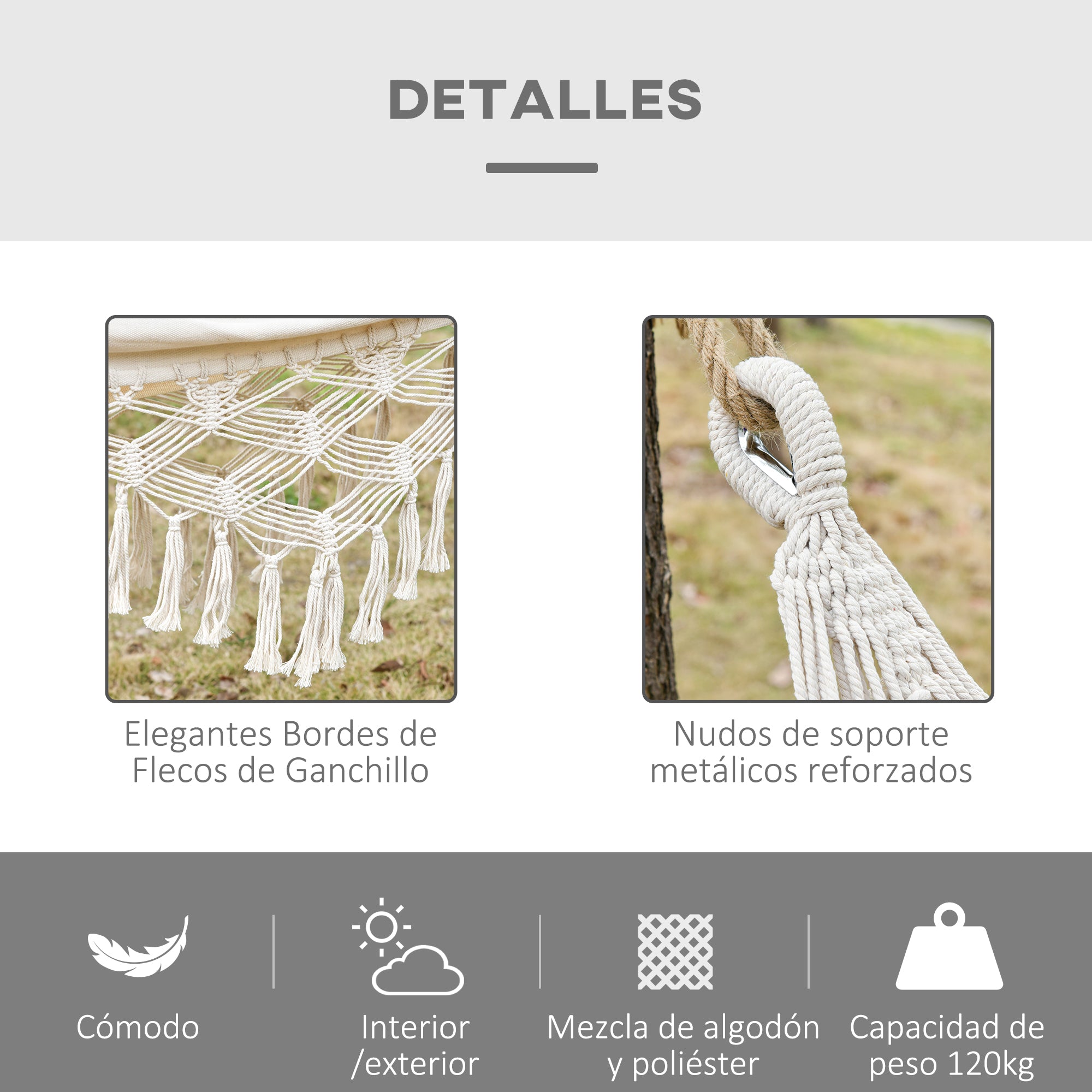 Outsunny Hamaca Colgante 288x150 cm Hamaca de Jardín de Estilo Boho con Bolsa de Transporte Carga 120 kg Hamaca para Patio Terraza Balcón Camping Crema