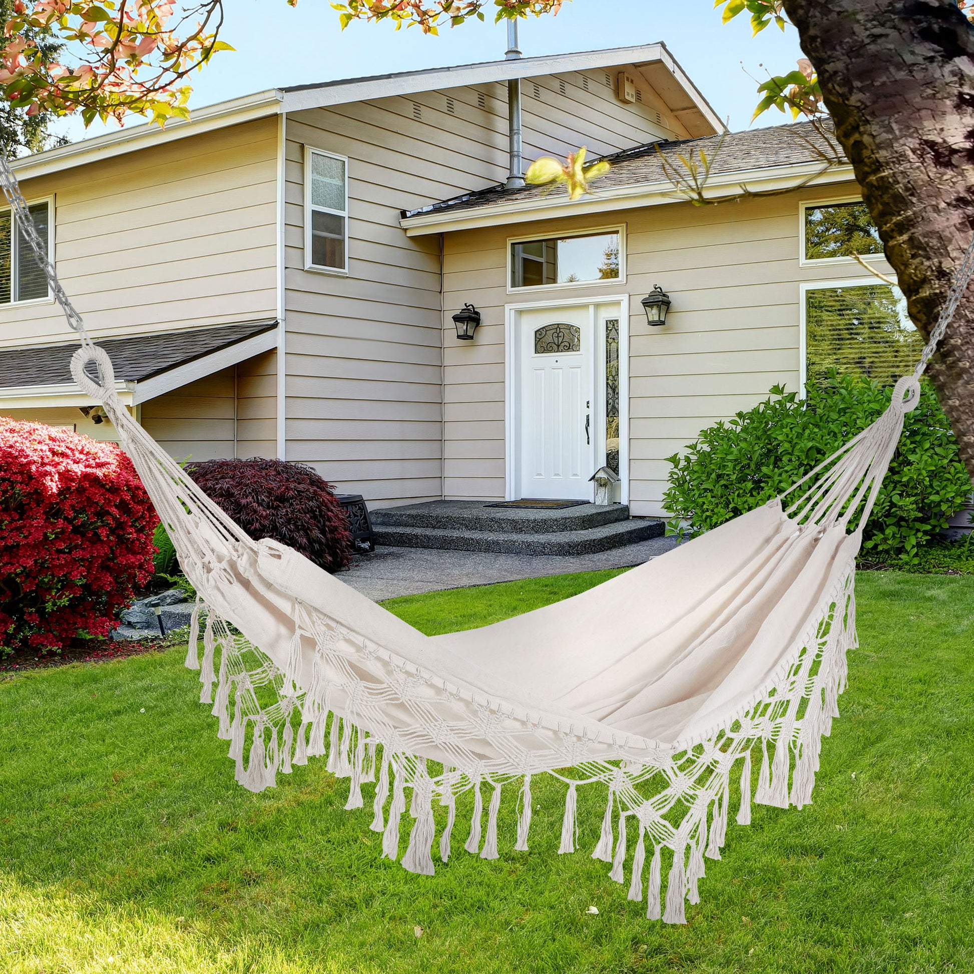 Outsunny Hamaca Colgante 288x150 cm Hamaca de Jardín de Estilo Boho con Bolsa de Transporte Carga 120 kg Hamaca para Patio Terraza Balcón Camping Crema