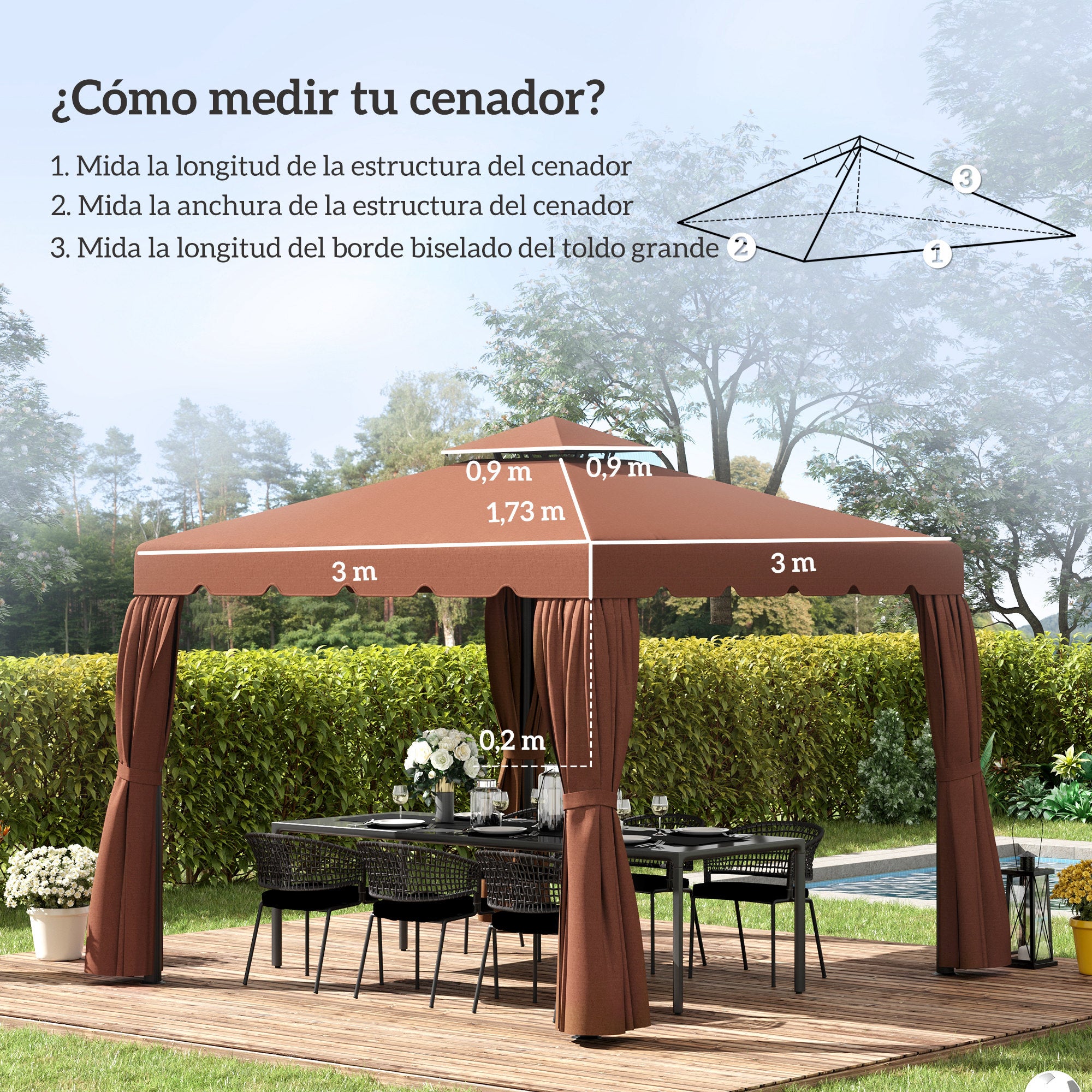 Outsunny Techo de Repuesto para Cenador 3x3 m Cubierta de Repuesto con Techo Doble con 8 Orificios de Drenaje Toldo de Recambio para Pabellón Gazebo Café