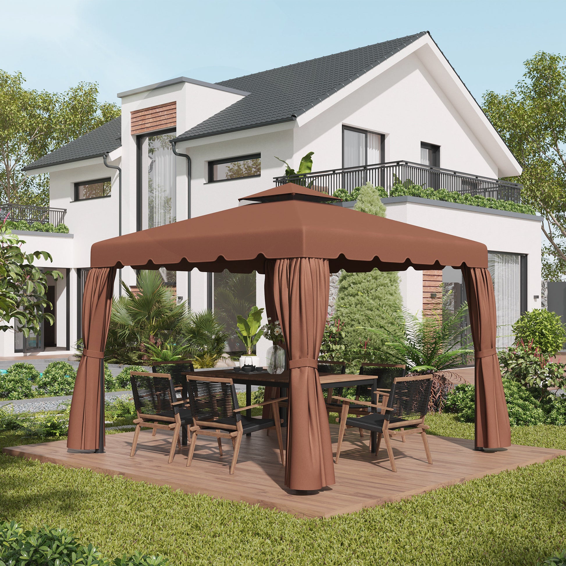 Outsunny Techo de Repuesto para Cenador 3x3 m Cubierta de Repuesto con Techo Doble con 8 Orificios de Drenaje Toldo de Recambio para Pabellón Gazebo Café