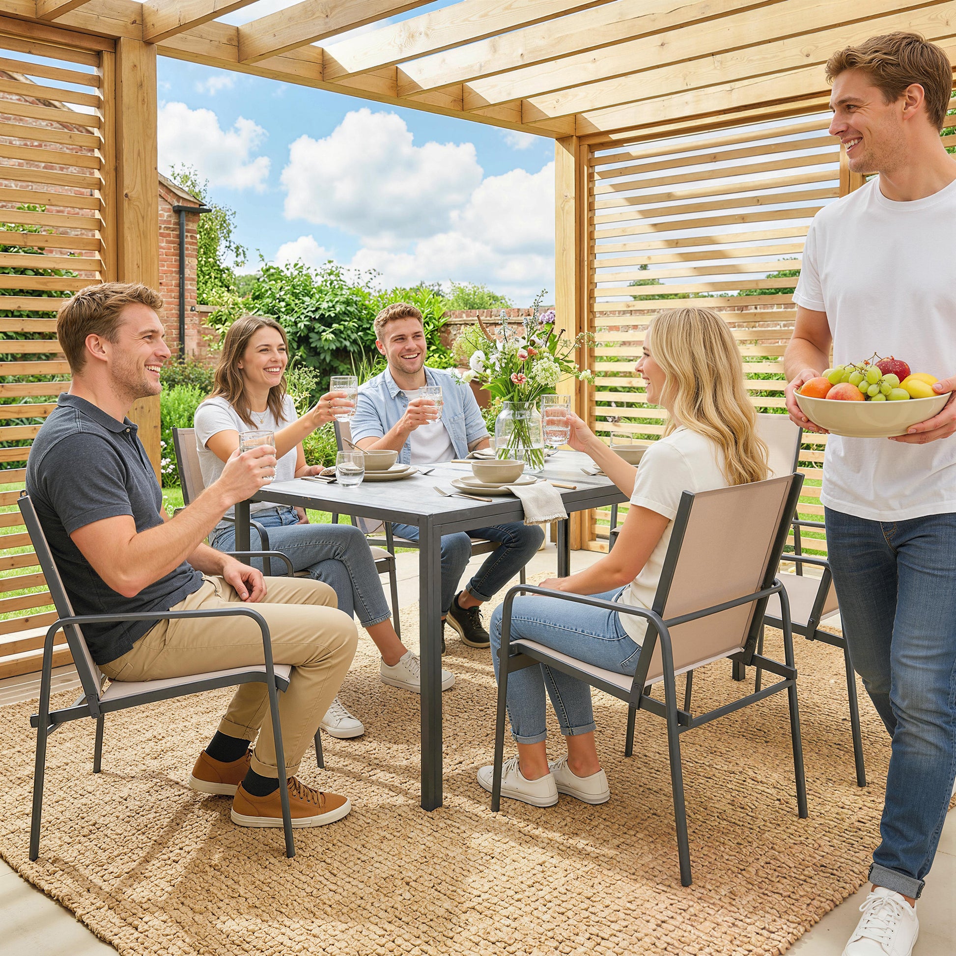 Outsunny Conjunto de Mesa y Sillas Jardín de 7 Piezas, Muebles de Jardín Exterior con Mesa de Efecto Madera y 6 Sillas con Asiento Transpirable, Marco de Acero Galvanizado, para Terraza, Patio, Caqui