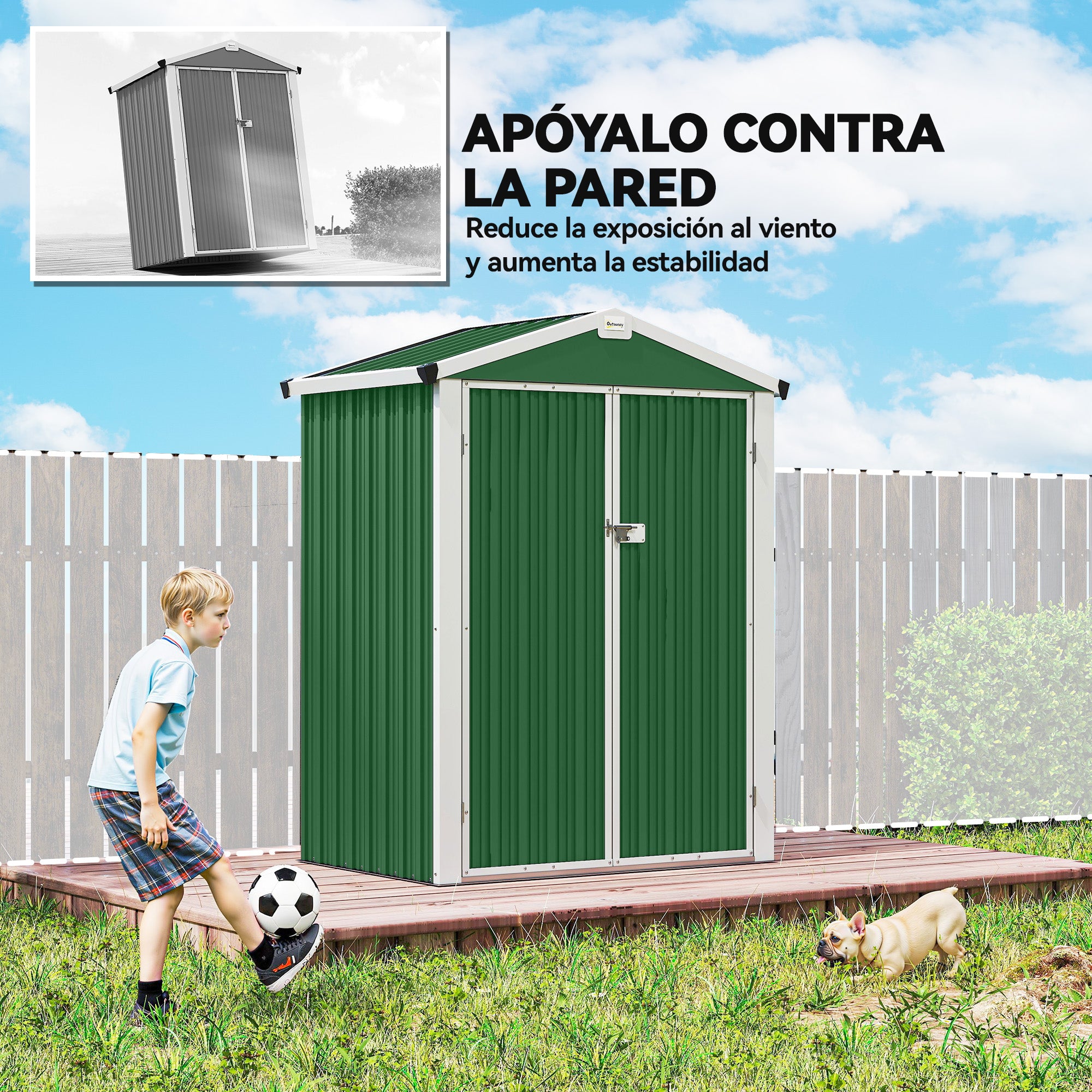 Outsunny Caseta de Jardín Exterior 1,1 m², 133x87x178 cm, Cobertizo de Jardín Exterior Metálico con Puertas Correderas, Techo Inclinado y Guantes, para Almacenaje de Herramientas Bicicletas, Verde