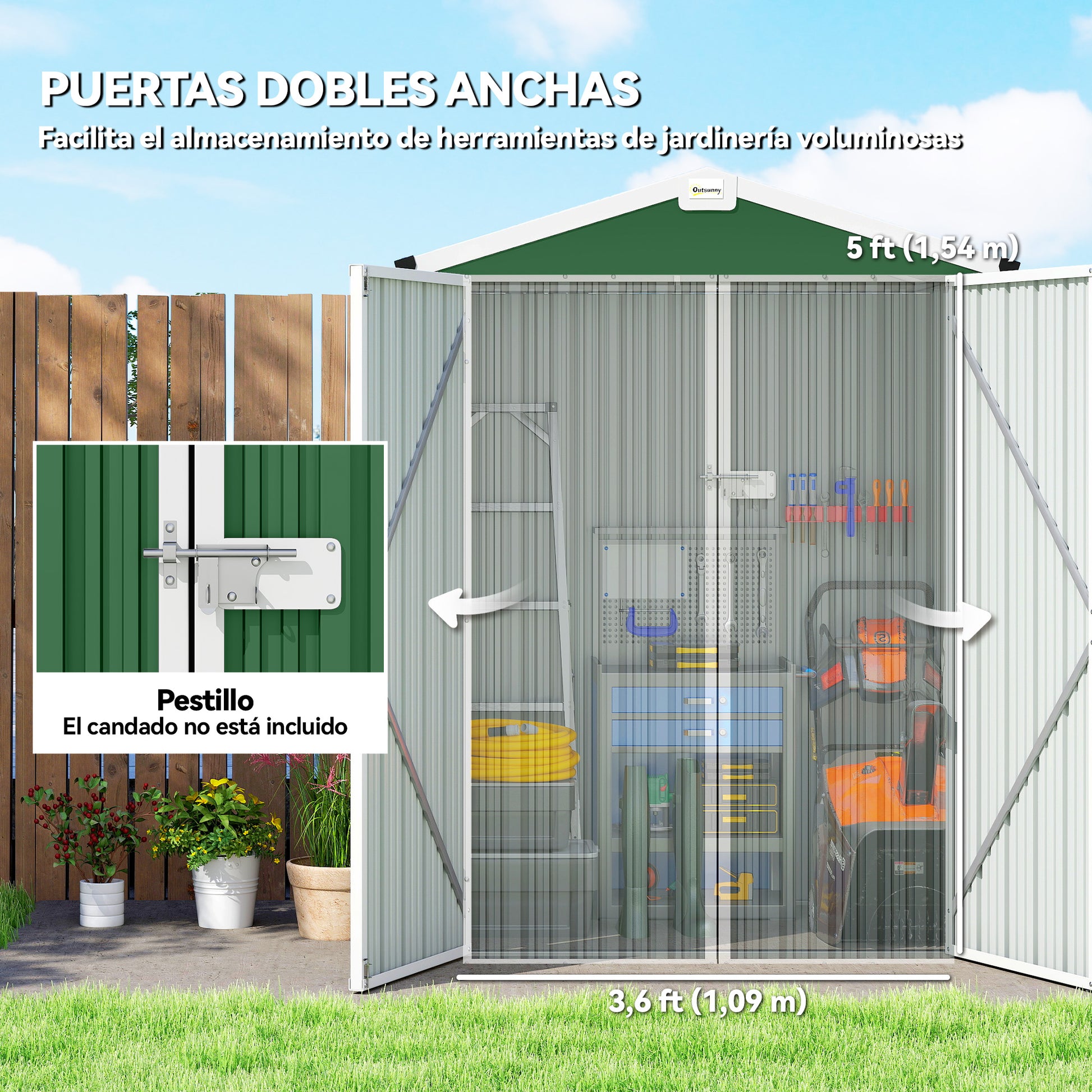 Outsunny Caseta de Jardín Exterior 1,1 m², 133x87x178 cm, Cobertizo de Jardín Exterior Metálico con Puertas Correderas, Techo Inclinado y Guantes, para Almacenaje de Herramientas Bicicletas, Verde