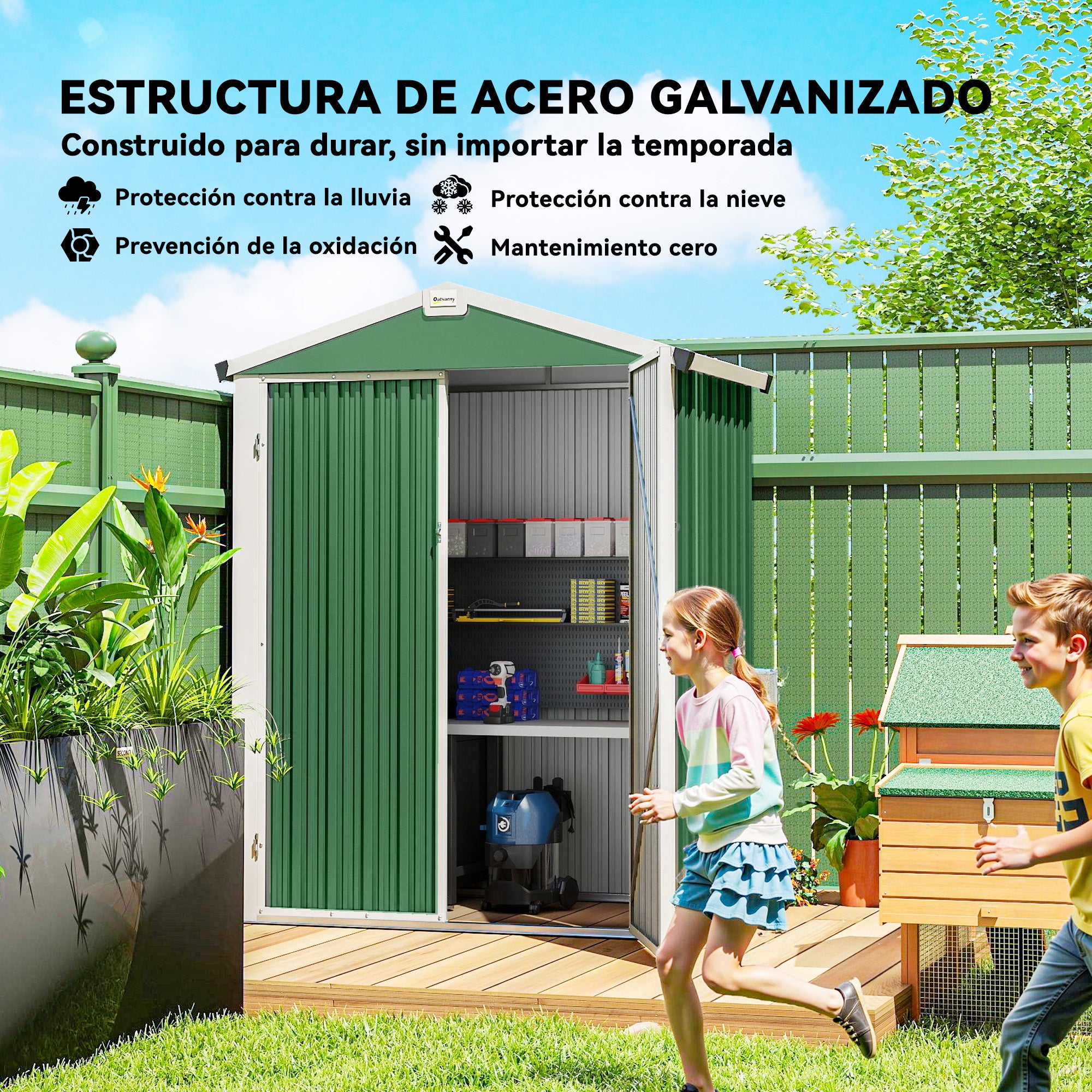 Outsunny Caseta de Jardín Exterior 1,1 m², 133x87x178 cm, Cobertizo de Jardín Exterior Metálico con Puertas Correderas, Techo Inclinado y Guantes, para Almacenaje de Herramientas Bicicletas, Verde