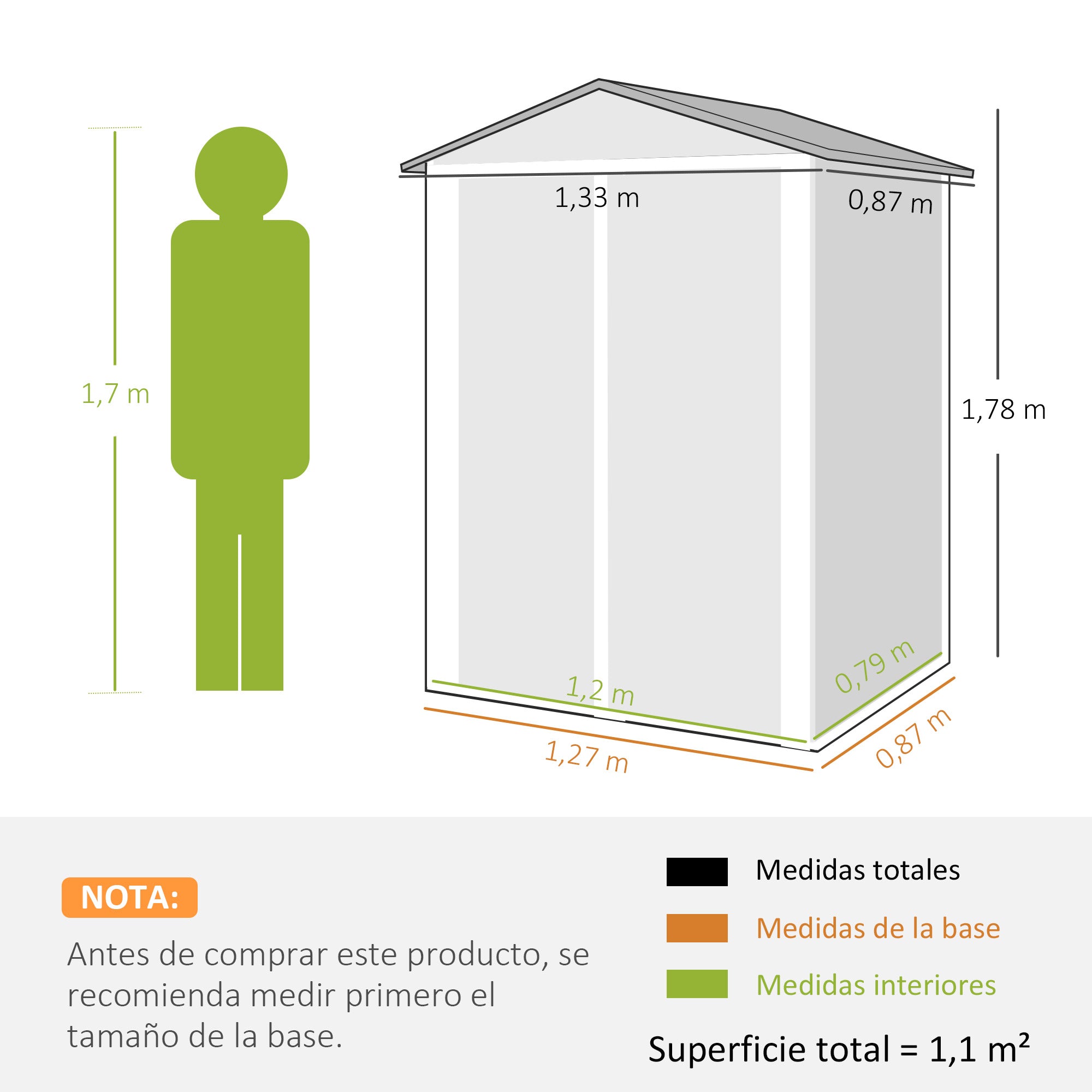 Outsunny Caseta de Jardín Exterior 1,1 m², 133x87x178 cm, Cobertizo de Jardín Exterior Metálico con Puertas Correderas, Techo Inclinado y Guantes, para Almacenaje de Herramientas Bicicletas, Verde