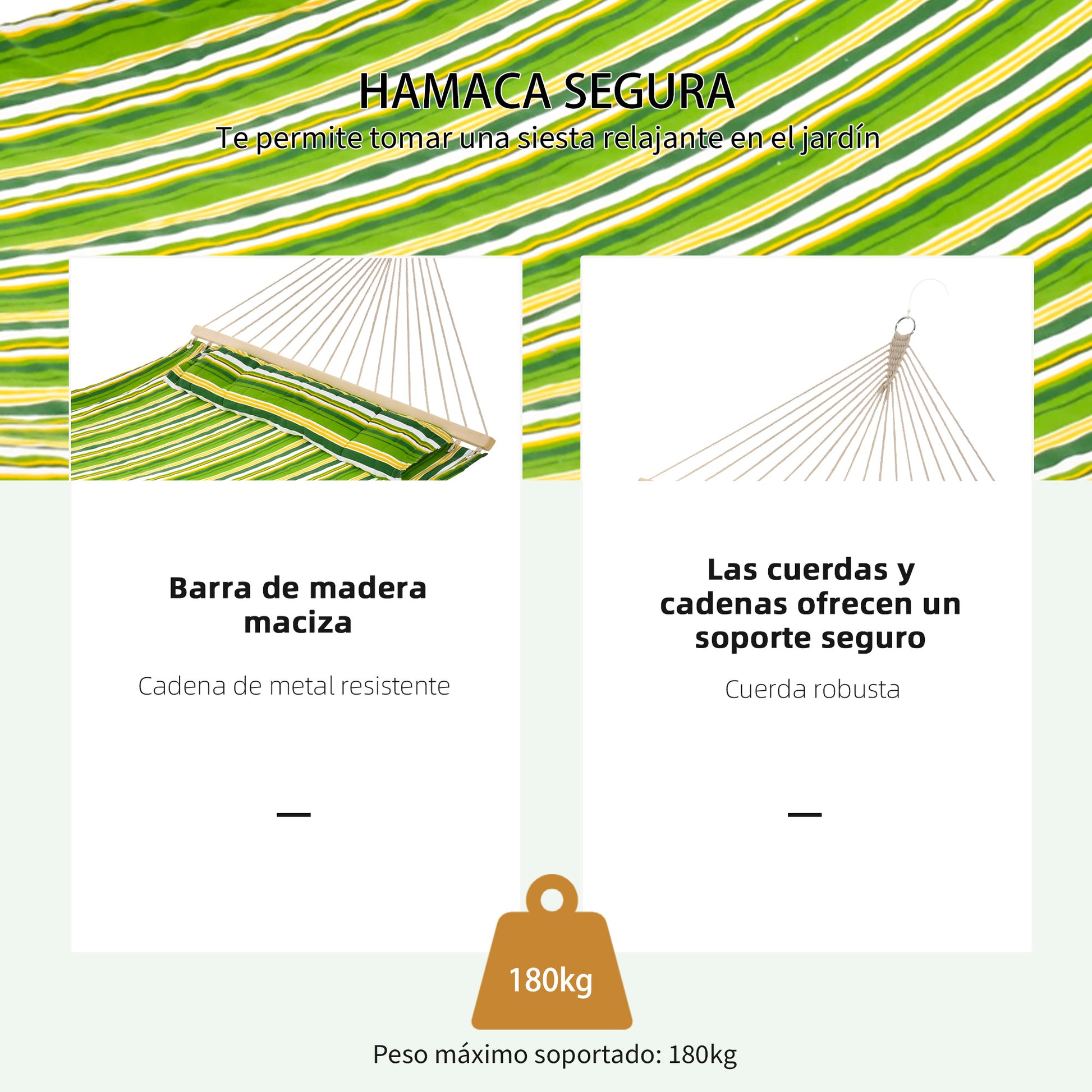 Outsunny Hamaca Colgante de Algodón para Jardín Camping Playa Picnic con Almohadilla 188x140cm con Carga de 180 kg