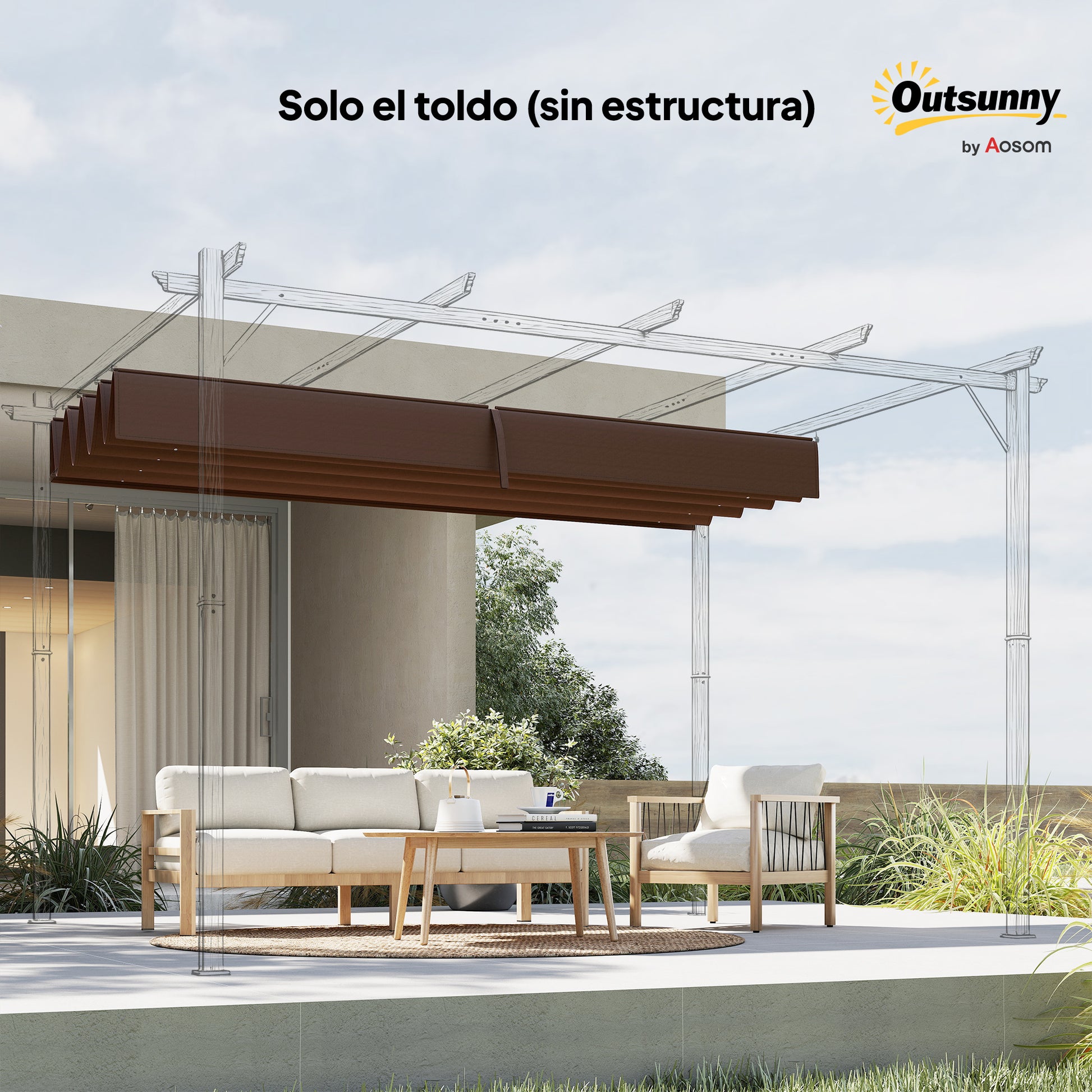 Outsunny Techo de Pérgola 3x2,5 m, Techo de Repuesto Retráctil para Marco de Pérgola de 3x2 m, UV30+, Toldo de Tela Solo para Cenador Jardín con 8 Orificios de Drenaje, Café