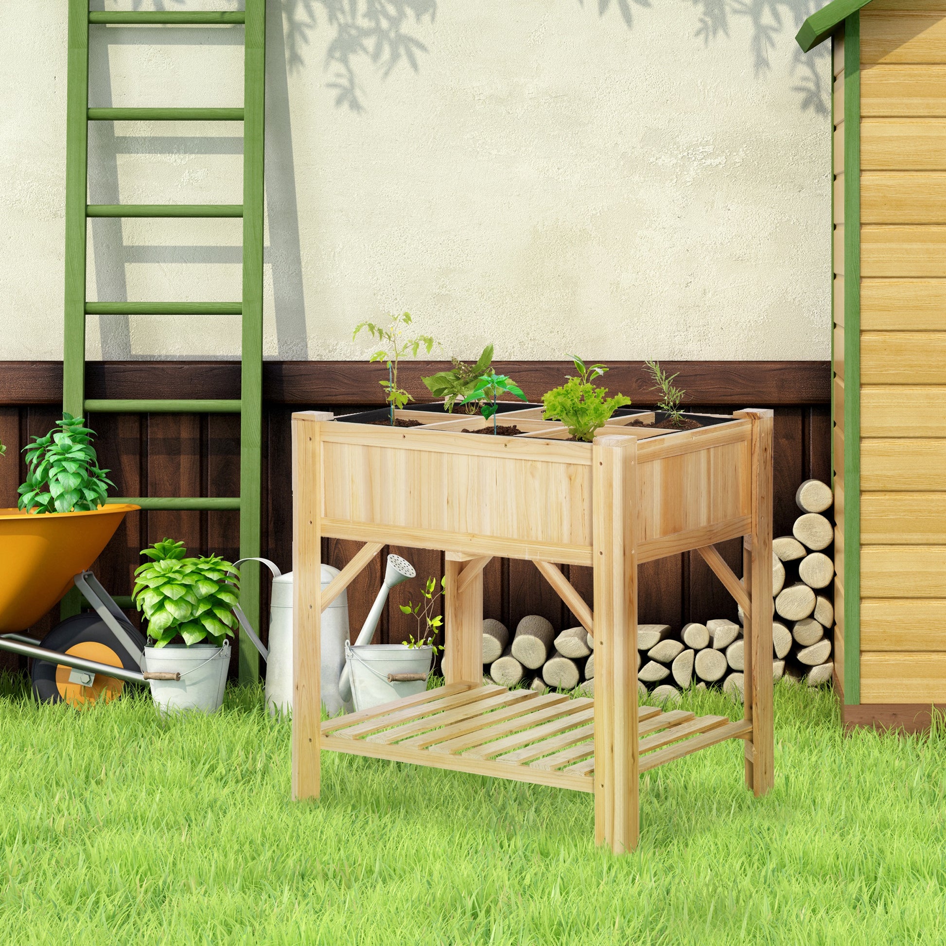 Outsunny Huerto Urbano de Madera 78,5x58x81 cm Mesa de Cultivo con 6 Compartimentos y Estante Inferior para Plantas Flores en Jardín Terraza Exterior Color Natural