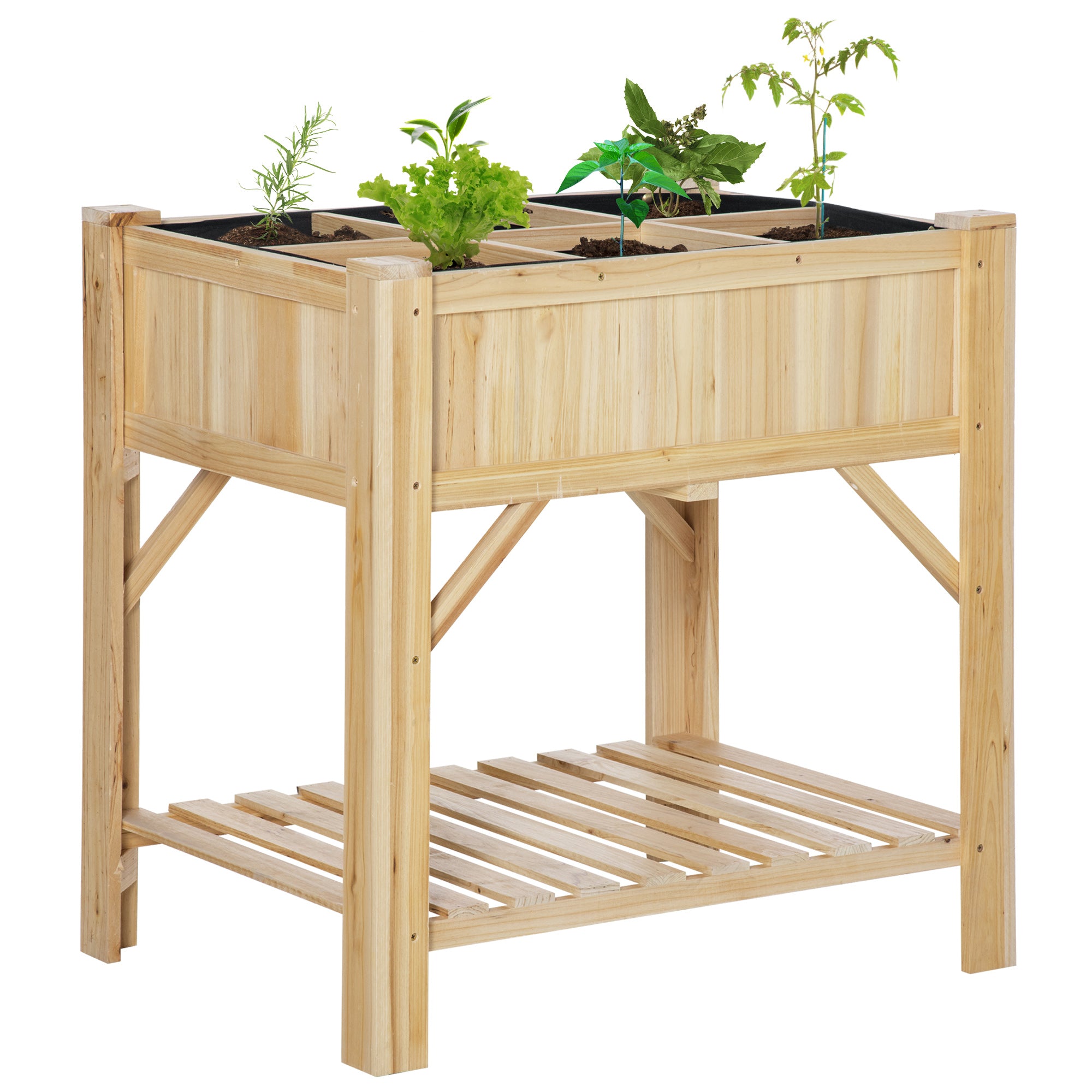 Outsunny Huerto Urbano de Madera 78,5x58x81 cm Mesa de Cultivo con 6 Compartimentos y Estante Inferior para Plantas Flores en Jardín Terraza Exterior Color Natural