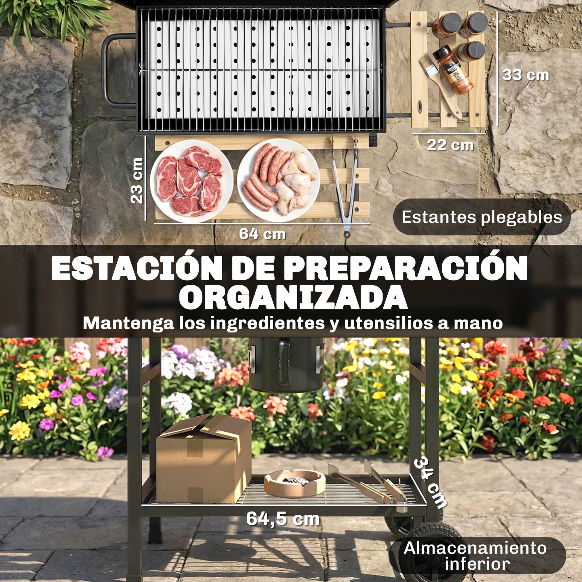 Outsunny Barbacoa de Carbón Portátil, Barbacoa Carbón Barril Móvil con Asador Eléctrico, Estantes Plegables, Rejilla de Calentamiento, Termómetro, Ventilaciones Ajustables, Recoge Cenizas, Ruedas, Asa