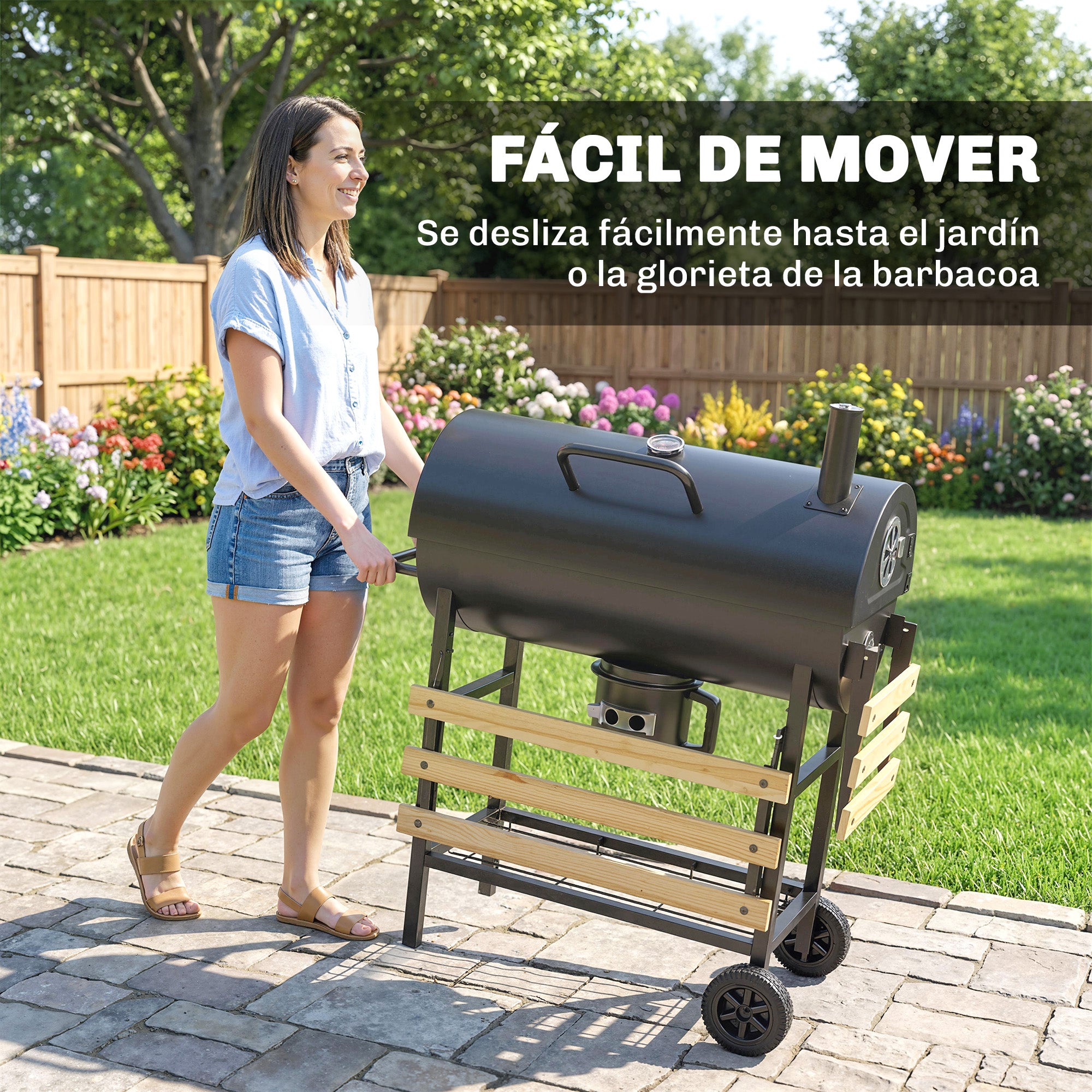 Outsunny Barbacoa de Carbón Portátil, Barbacoa Carbón Barril Móvil con Asador Eléctrico, Estantes Plegables, Rejilla de Calentamiento, Termómetro, Ventilaciones Ajustables, Recoge Cenizas, Ruedas, Asa