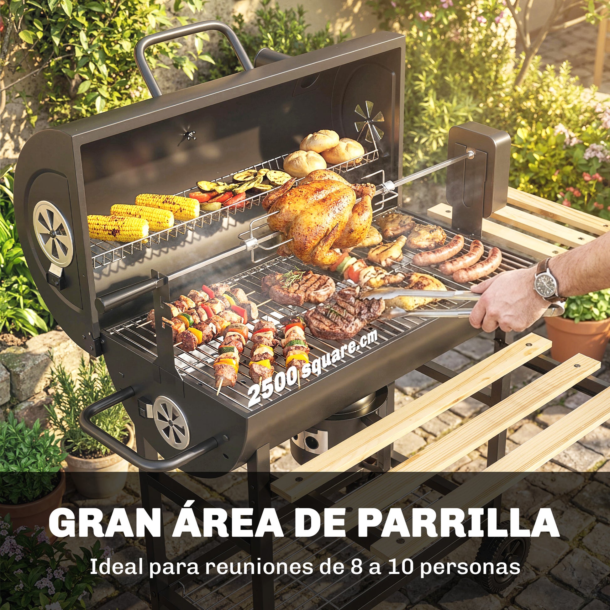Outsunny Barbacoa de Carbón Portátil, Barbacoa Carbón Barril Móvil con Asador Eléctrico, Estantes Plegables, Rejilla de Calentamiento, Termómetro, Ventilaciones Ajustables, Recoge Cenizas, Ruedas, Asa