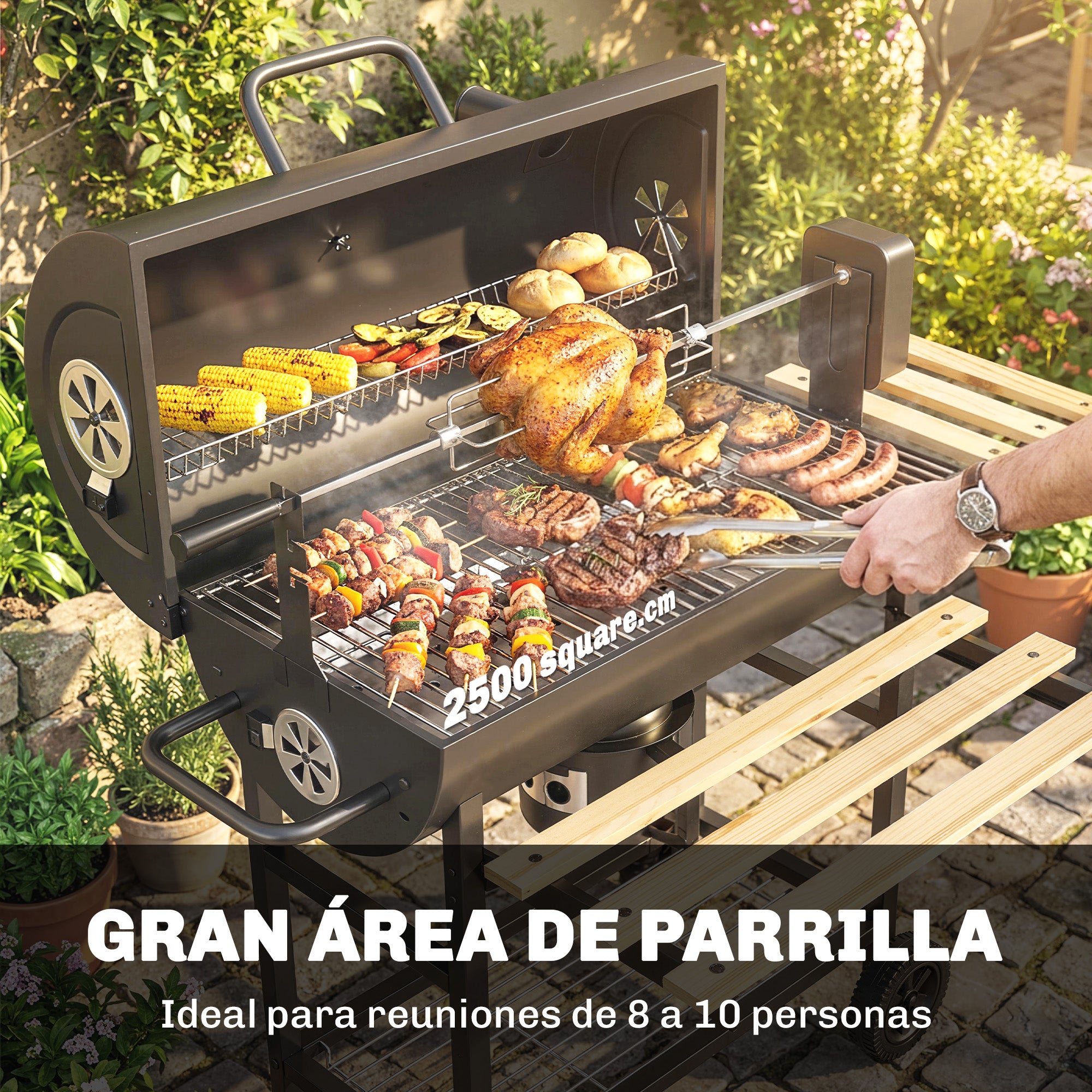 Outsunny Barbacoa de Carbón Portátil, Barbacoa Carbón Barril Móvil con Asador Eléctrico, Estantes Plegables, Rejilla de Calentamiento, Termómetro, Ventilaciones Ajustables, Recoge Cenizas, Ruedas, Asa