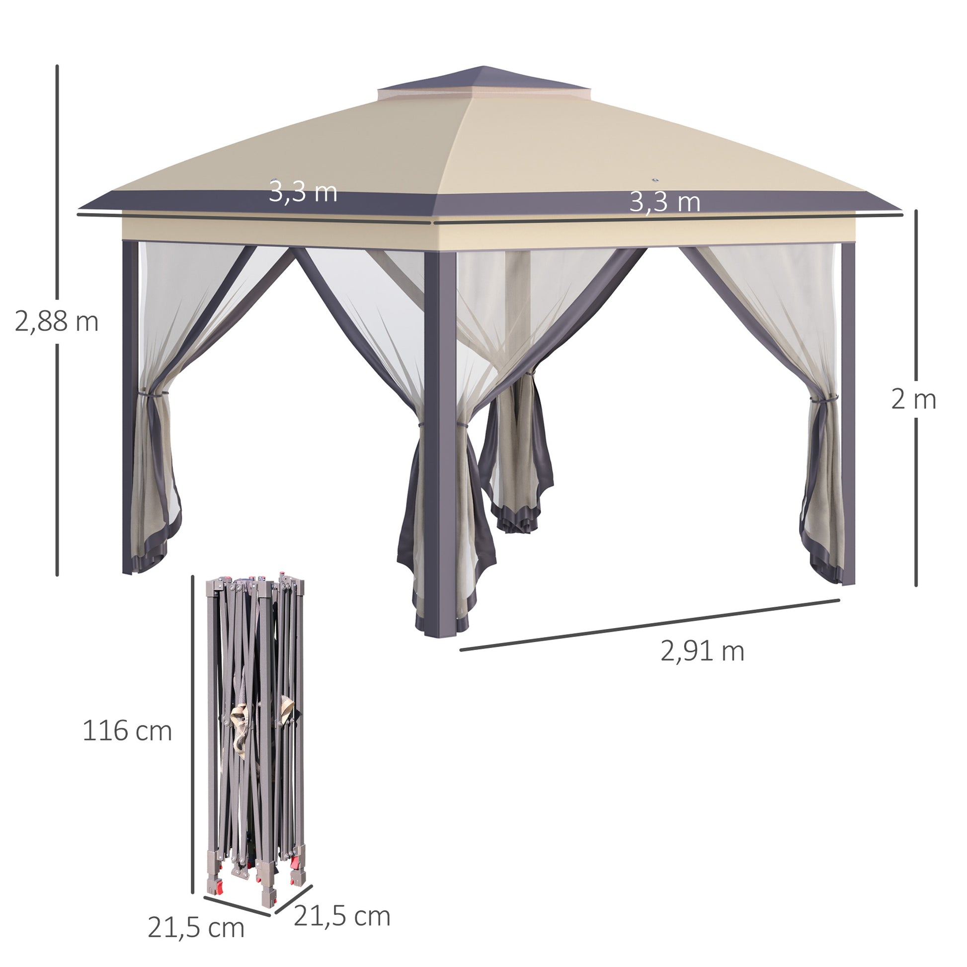 Outsunny Carpa Plegable Exterior 3,3x3,3x2,88 m Altura Ajustable Cenador de Jardín con Doble Techo 4 Mosquiteras Extraíbles y Bolsa de Transporte para Camping Fiestas Beige
