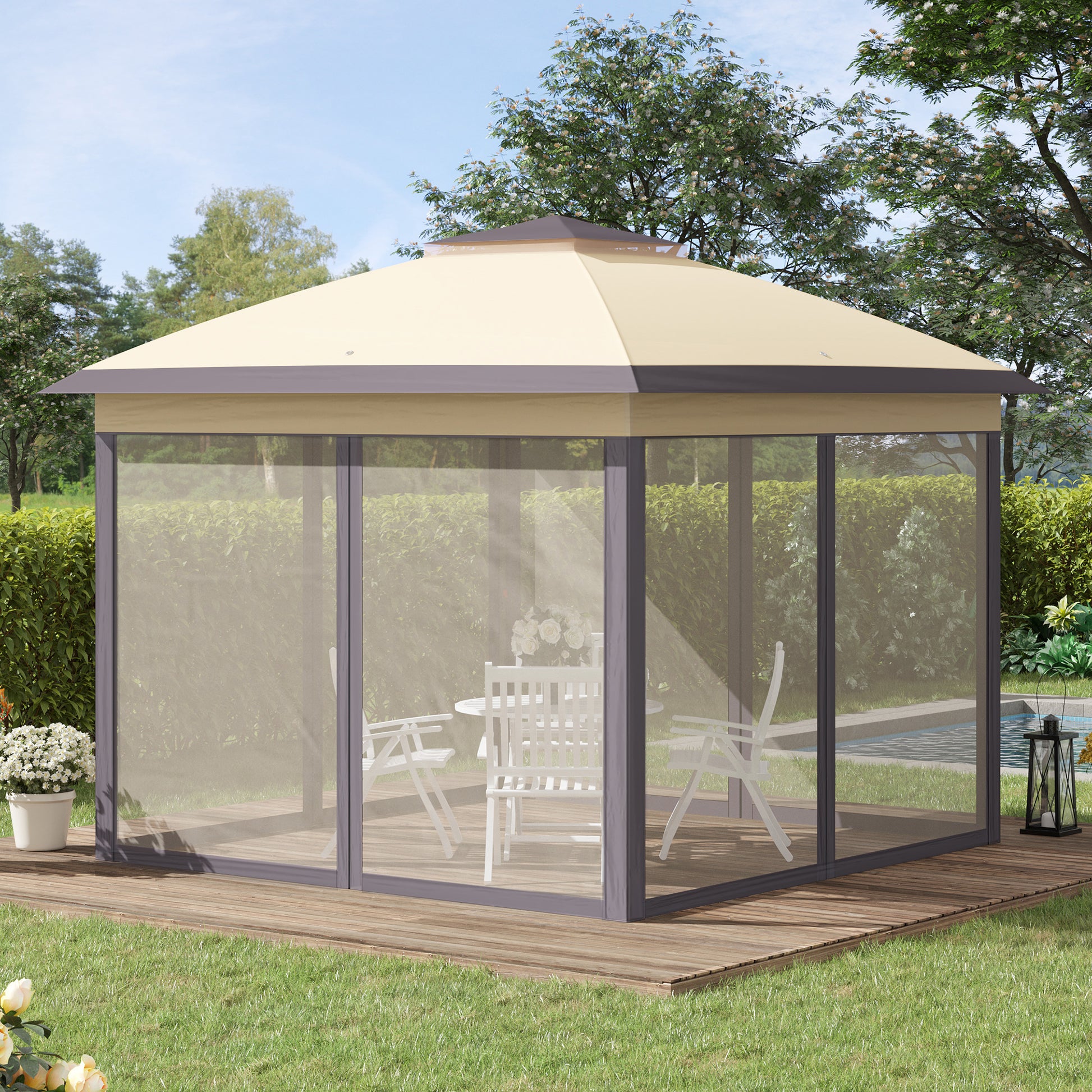 Outsunny Carpa Plegable Exterior 3,3x3,3x2,88 m Altura Ajustable Cenador de Jardín con Doble Techo 4 Mosquiteras Extraíbles y Bolsa de Transporte para Camping Fiestas Beige