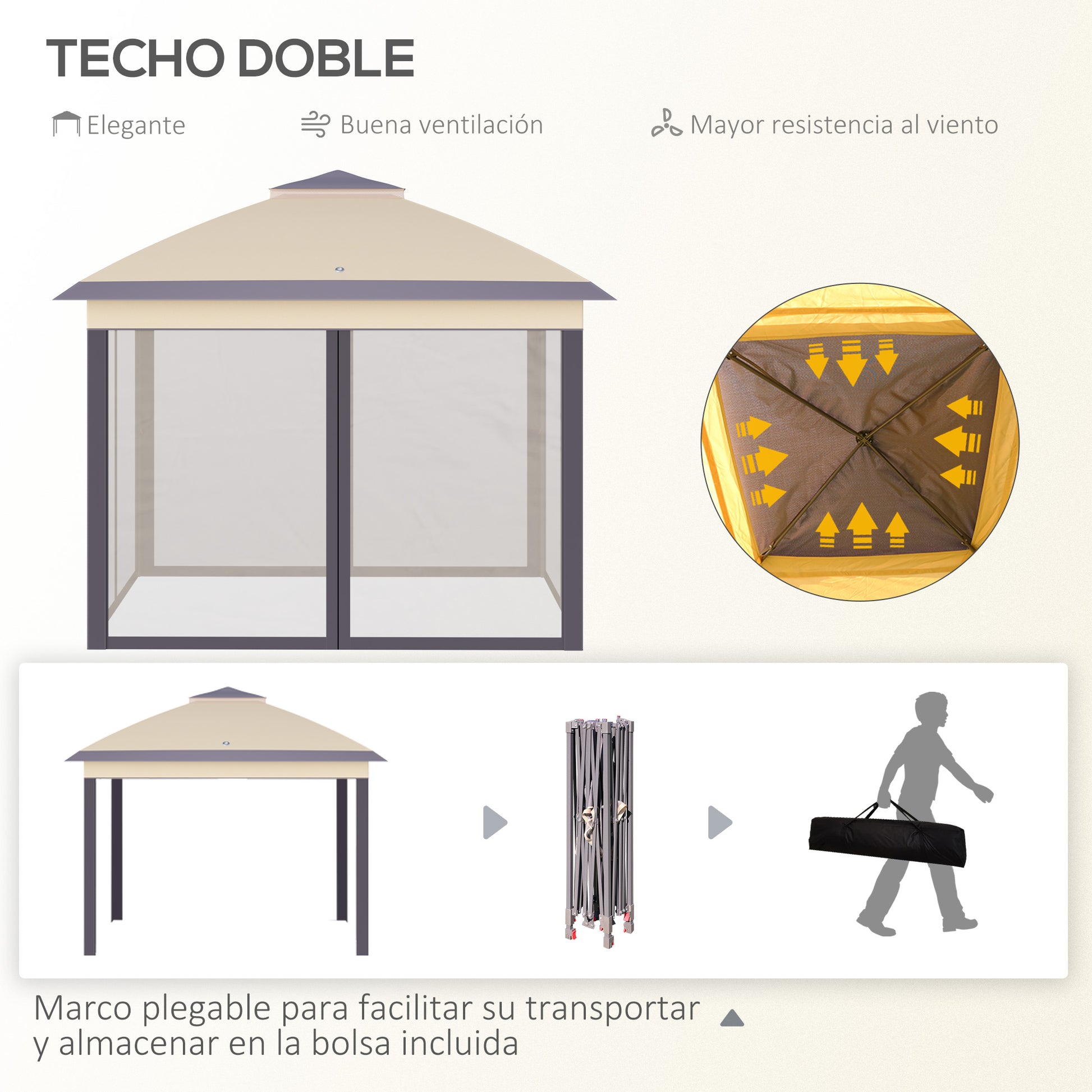 Outsunny Carpa Plegable Exterior 3,3x3,3x2,88 m Altura Ajustable Cenador de Jardín con Doble Techo 4 Mosquiteras Extraíbles y Bolsa de Transporte para Camping Fiestas Beige