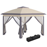 Outsunny Carpa Plegable Exterior 3,3x3,3x2,88 m Altura Ajustable Cenador de Jardín con Doble Techo 4 Mosquiteras Extraíbles y Bolsa de Transporte para Camping Fiestas Beige