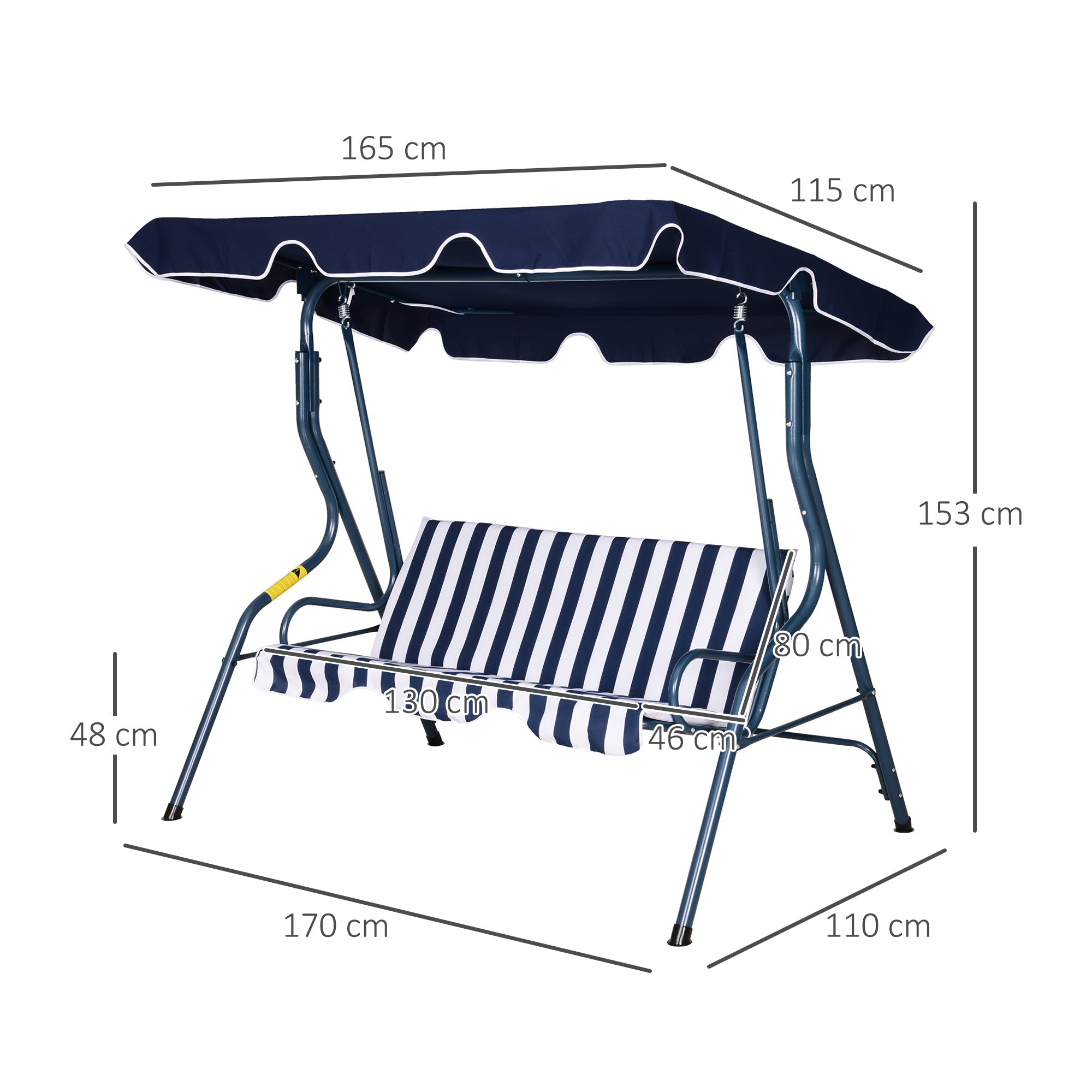 Outsunny Columpio Balancín de Jardín Exterior 2-3 Plazas para Familias de Metal con Cojín y Techo Ajustable para Balcón Terraza Carga 200 kg 170x110x153 cm Raya Azul