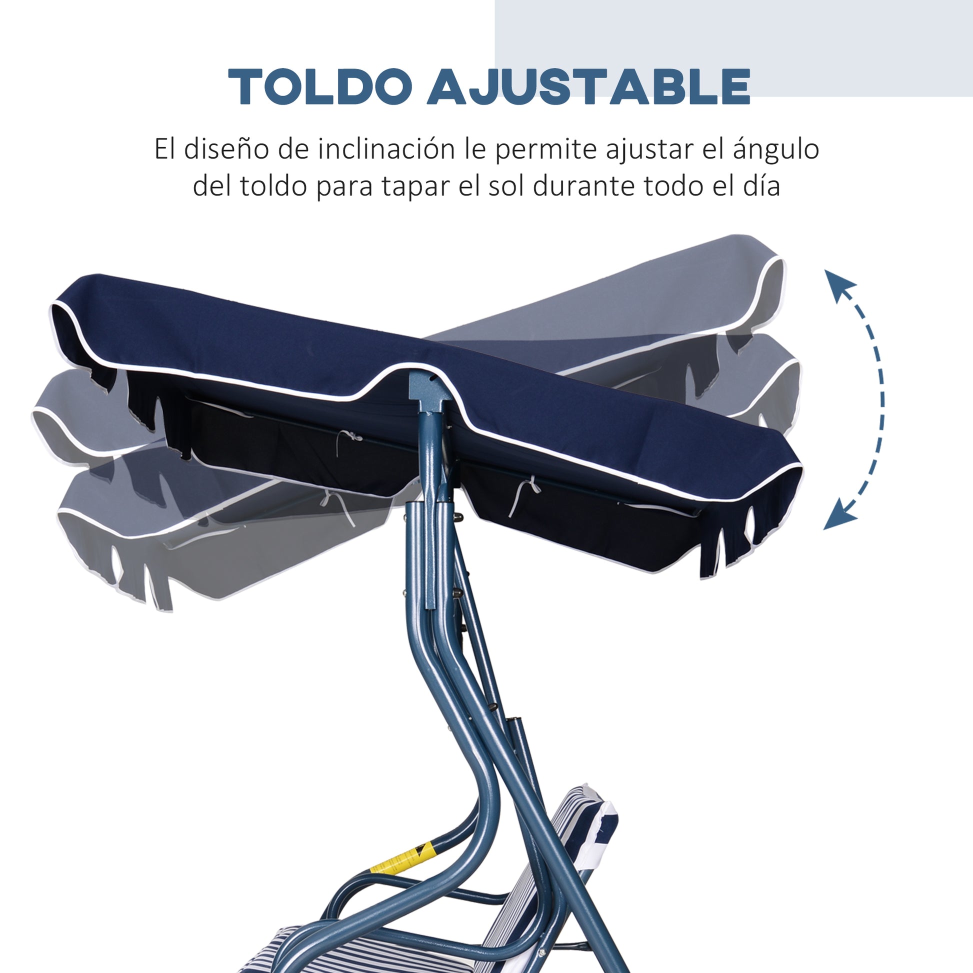 Outsunny Columpio Balancín de Jardín Exterior 2-3 Plazas para Familias de Metal con Cojín y Techo Ajustable para Balcón Terraza Carga 200 kg 170x110x153 cm Raya Azul