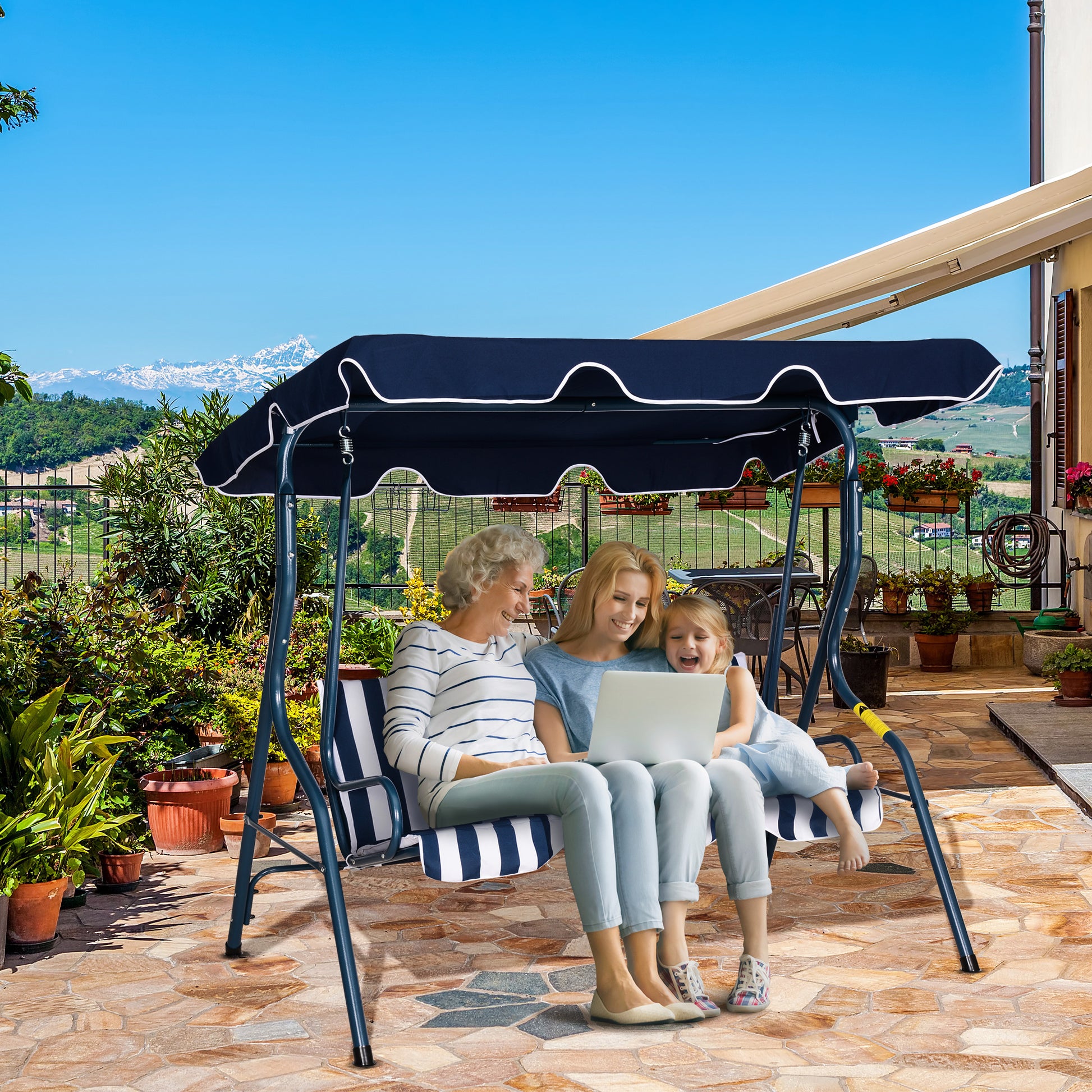 Outsunny Columpio Balancín de Jardín Exterior 2-3 Plazas para Familias de Metal con Cojín y Techo Ajustable para Balcón Terraza Carga 200 kg 170x110x153 cm Raya Azul