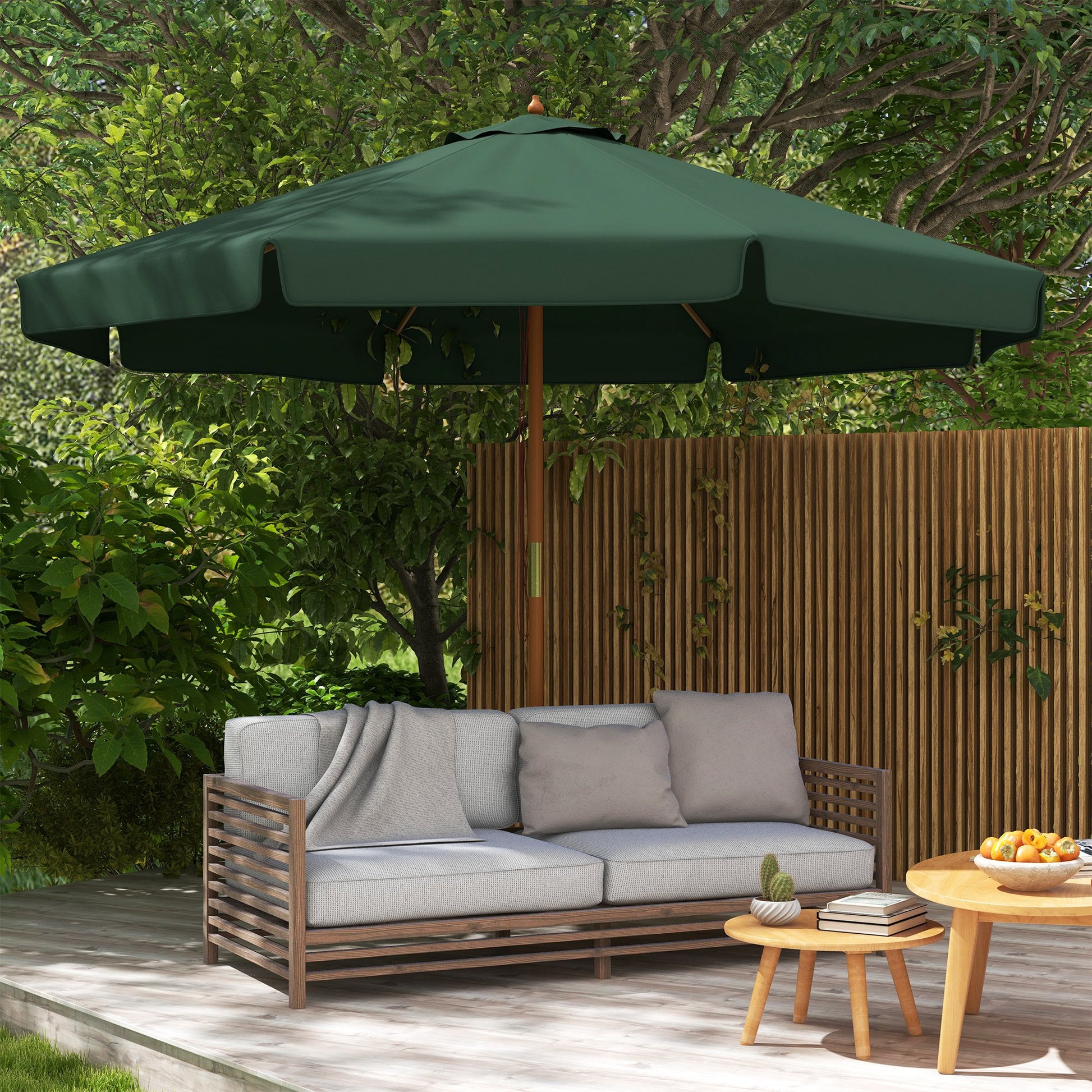 Outsunny Sombrilla Terraza Exterior Ø325 cm Sombrilla de Jardín con Sistema de Polea Techo Ventilado 8 Varillas de Bambú y Poste de Madera Parasol para Patio Terraza Verde