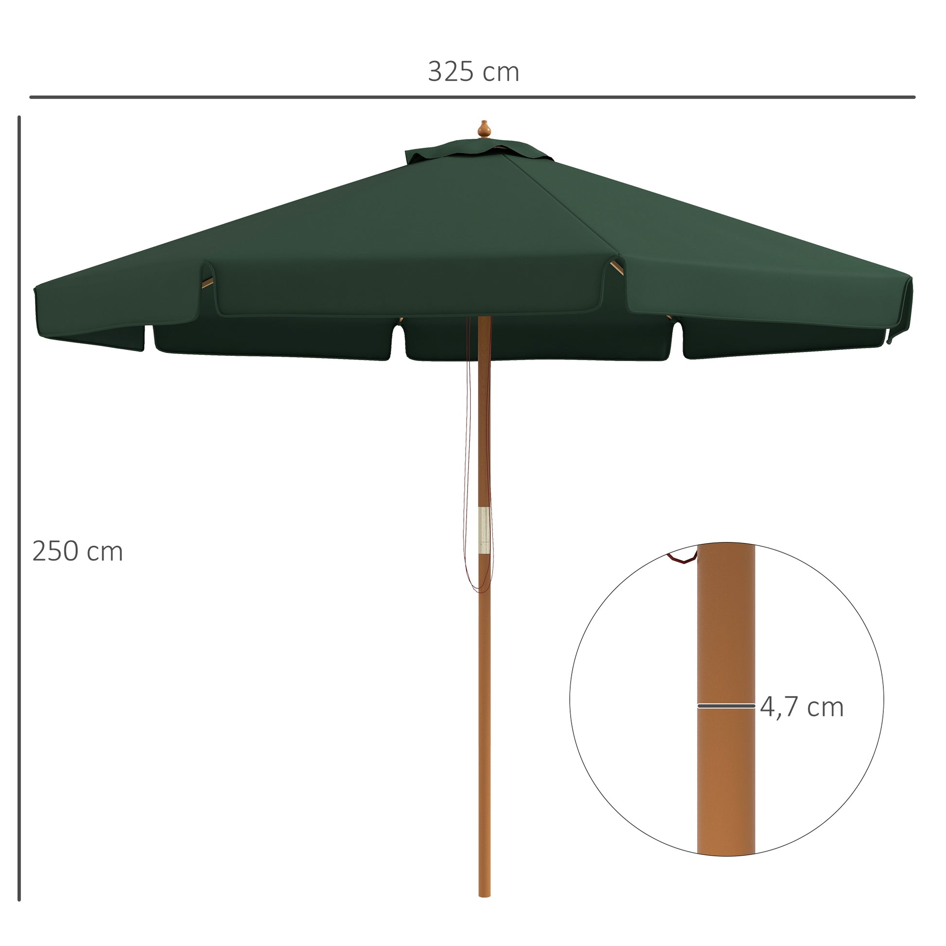 Outsunny Sombrilla Terraza Exterior Ø325 cm Sombrilla de Jardín con Sistema de Polea Techo Ventilado 8 Varillas de Bambú y Poste de Madera Parasol para Patio Terraza Verde