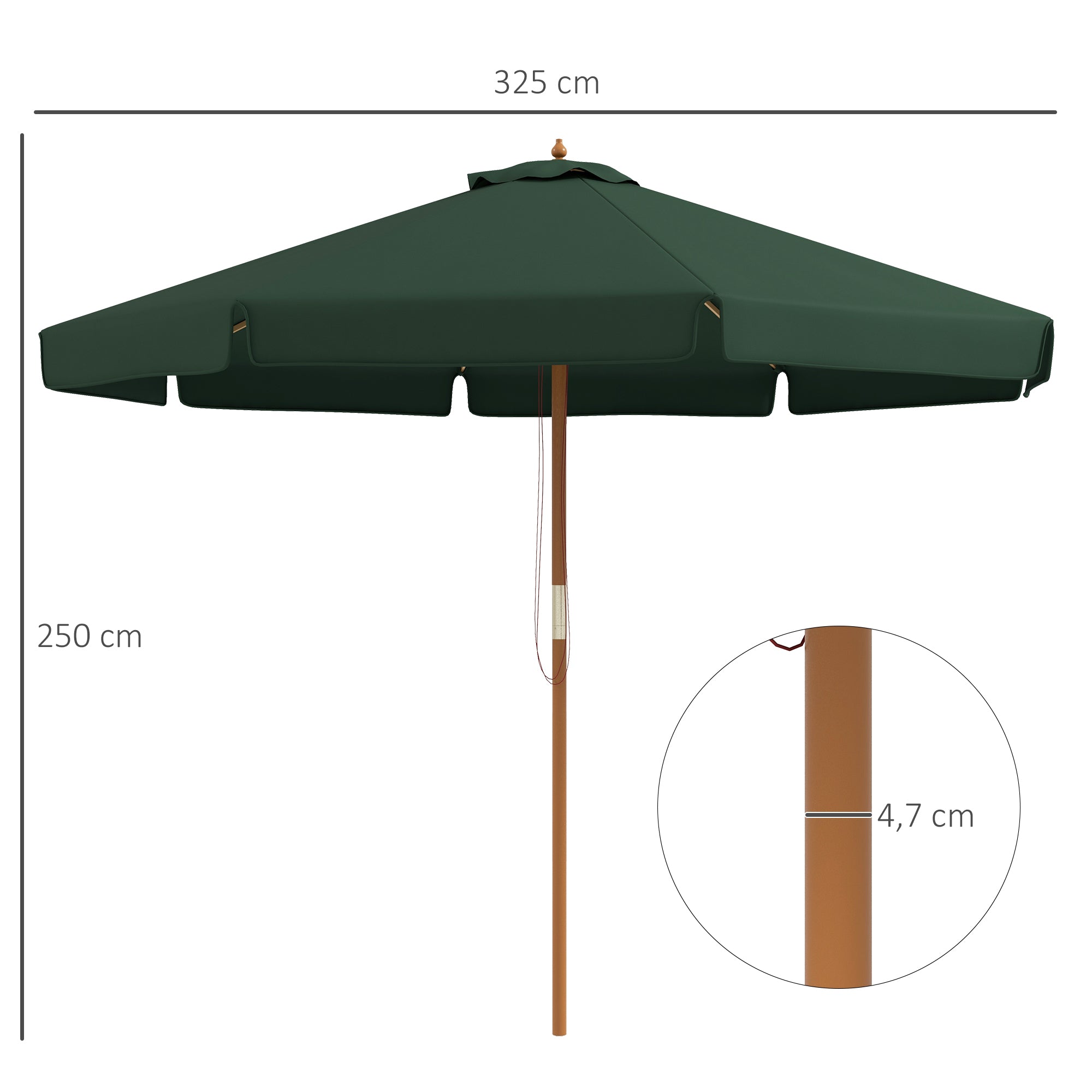 Outsunny Sombrilla Terraza Exterior Ø325 cm Sombrilla de Jardín con Sistema de Polea Techo Ventilado 8 Varillas de Bambú y Poste de Madera Parasol para Patio Terraza Verde
