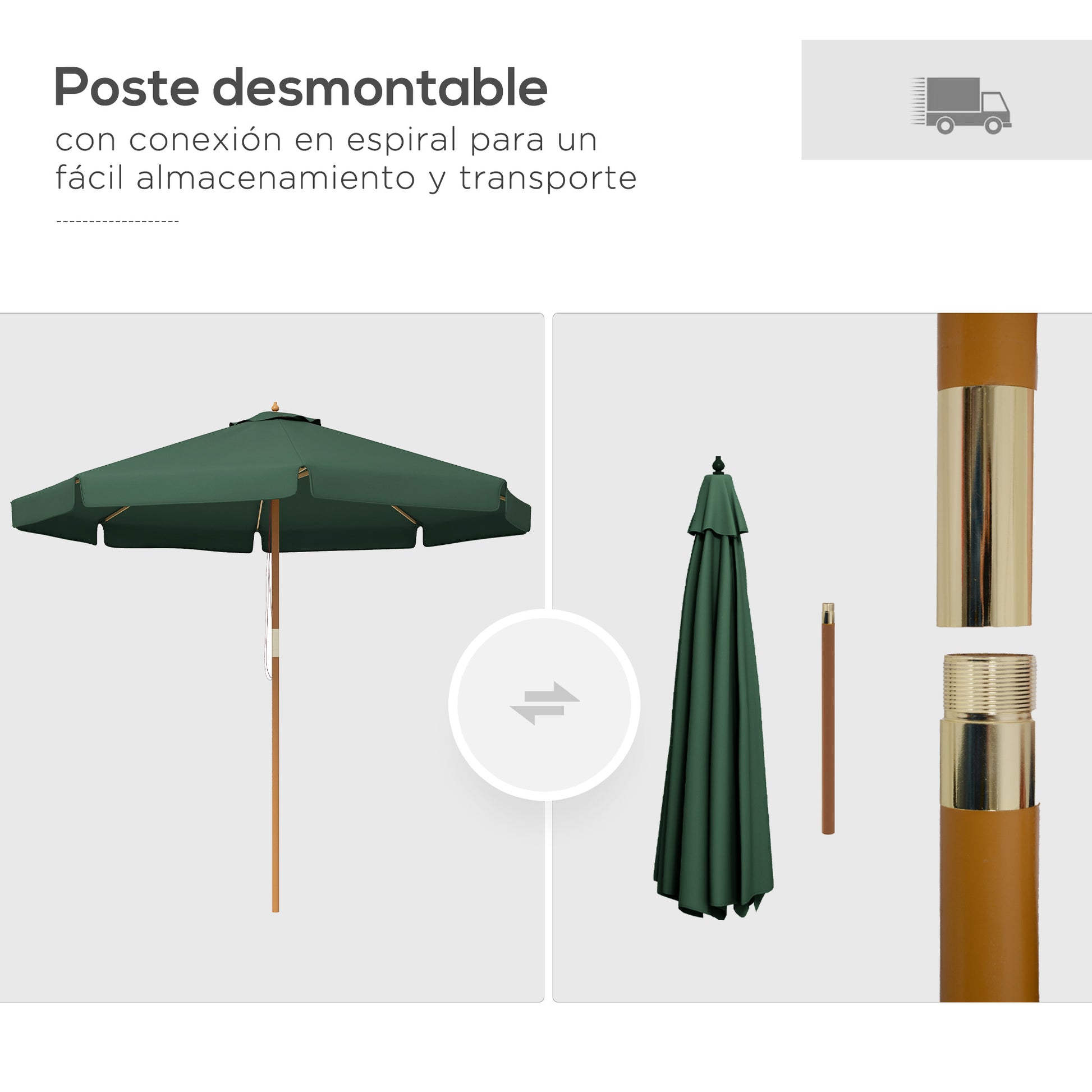 Outsunny Sombrilla Terraza Exterior Ø325 cm Sombrilla de Jardín con Sistema de Polea Techo Ventilado 8 Varillas de Bambú y Poste de Madera Parasol para Patio Terraza Verde