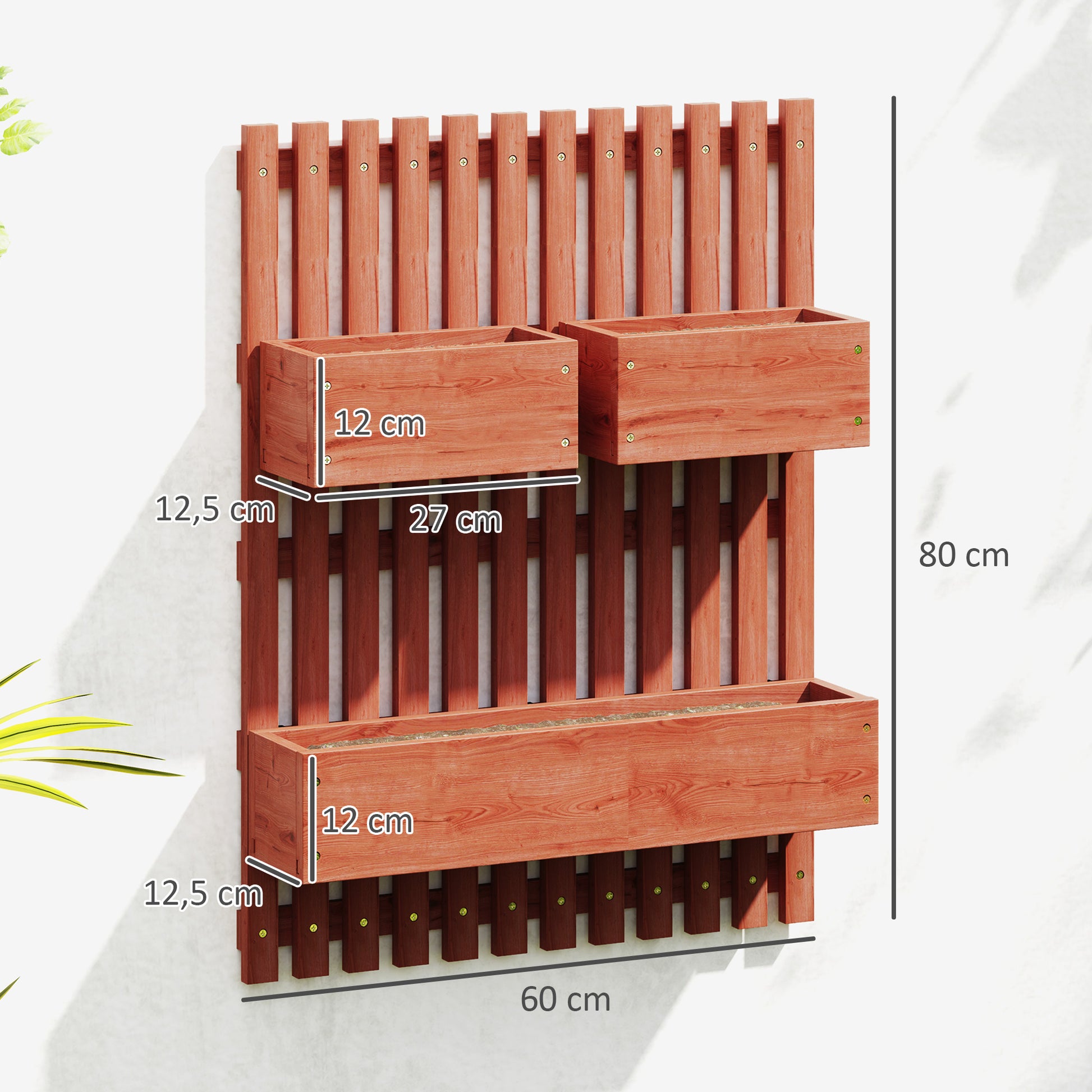 Outsunny Jardinera de Pared con Enrejado, Jardinera Exterior Grande de Madera con 3 Macetas Móviles y Orificio de Drenaje, para Exterior, Jardín, Terraza, Patio, 60x16x80 cm, Marrón