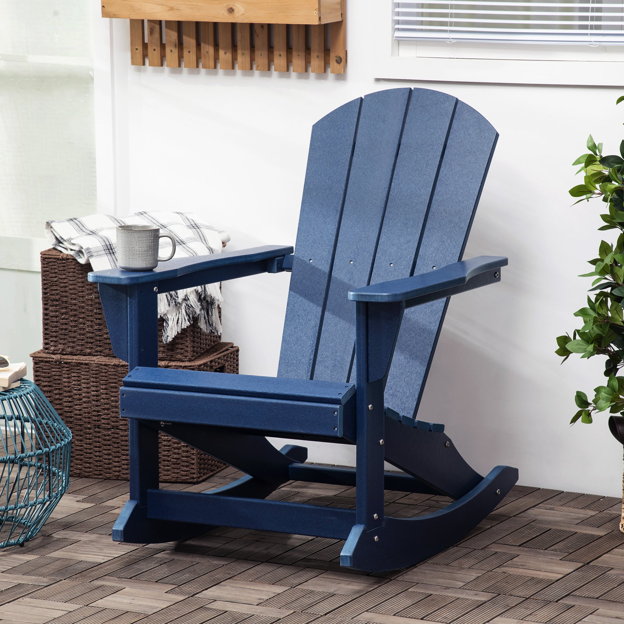 Outsunny Silla Mecedora de Jardín Mecedora para Exterior Estilo Adirondack de HDPE para Balcón Terraza Patio Carga 120 kg 73,5x93x91,5 cm Azul Oscuro