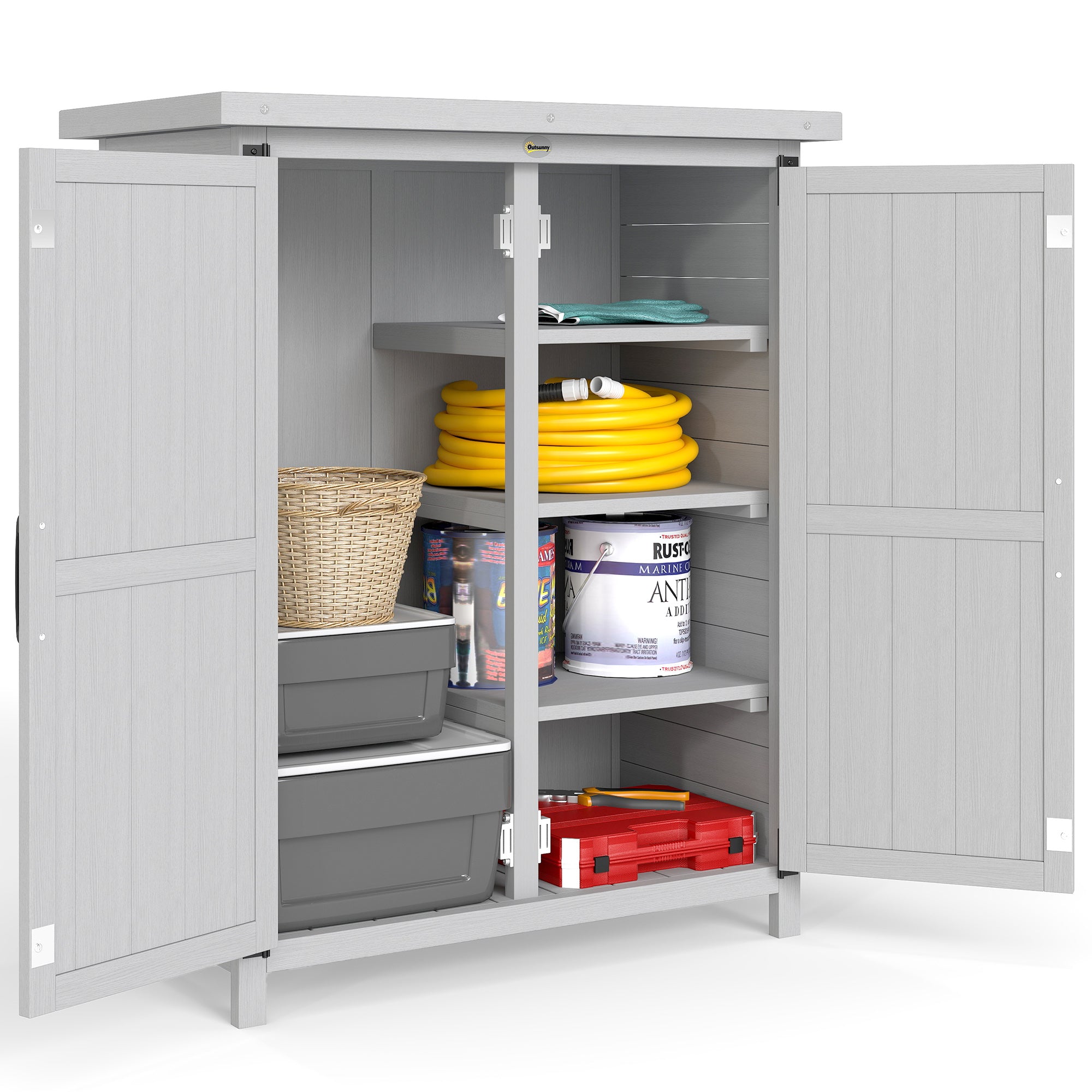 Outsunny Caseta de Jardín de Madera, 75x40x90 cm, Cobertizo Jardín Exterior, Armario para Almacenaje de Herramientas, con 4 Estantes, 2 Puertas y Techo de Acero Galvanizado, Gris