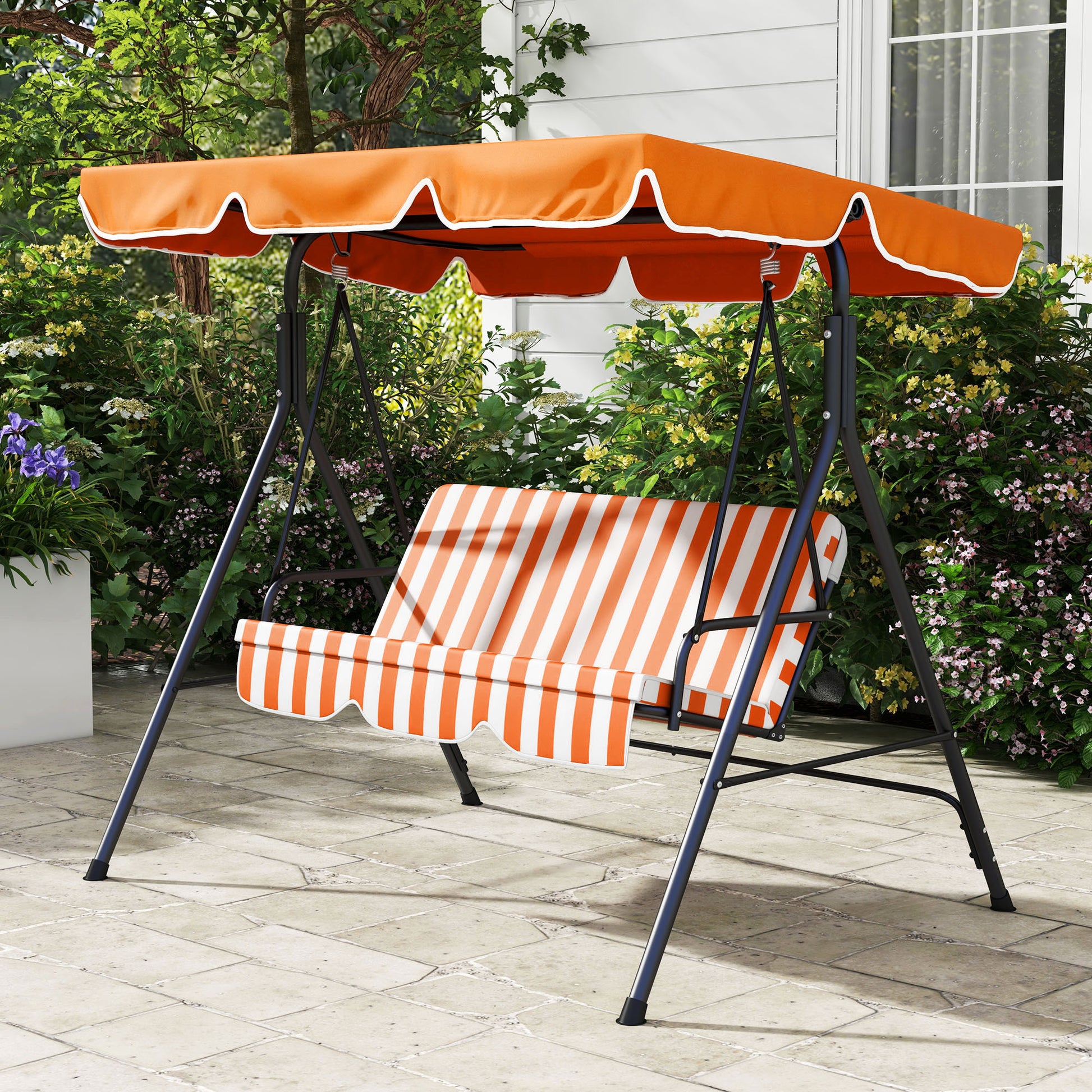 Outsunny Columpio de Jardín Exterior de 3 Plazas, Balancín de Jardín Exterior con Techo Ajustable y Marco de Acero, para Balcón, Terraza, Patio, Carga 200 kg, 172x110x153 cm, Naranja