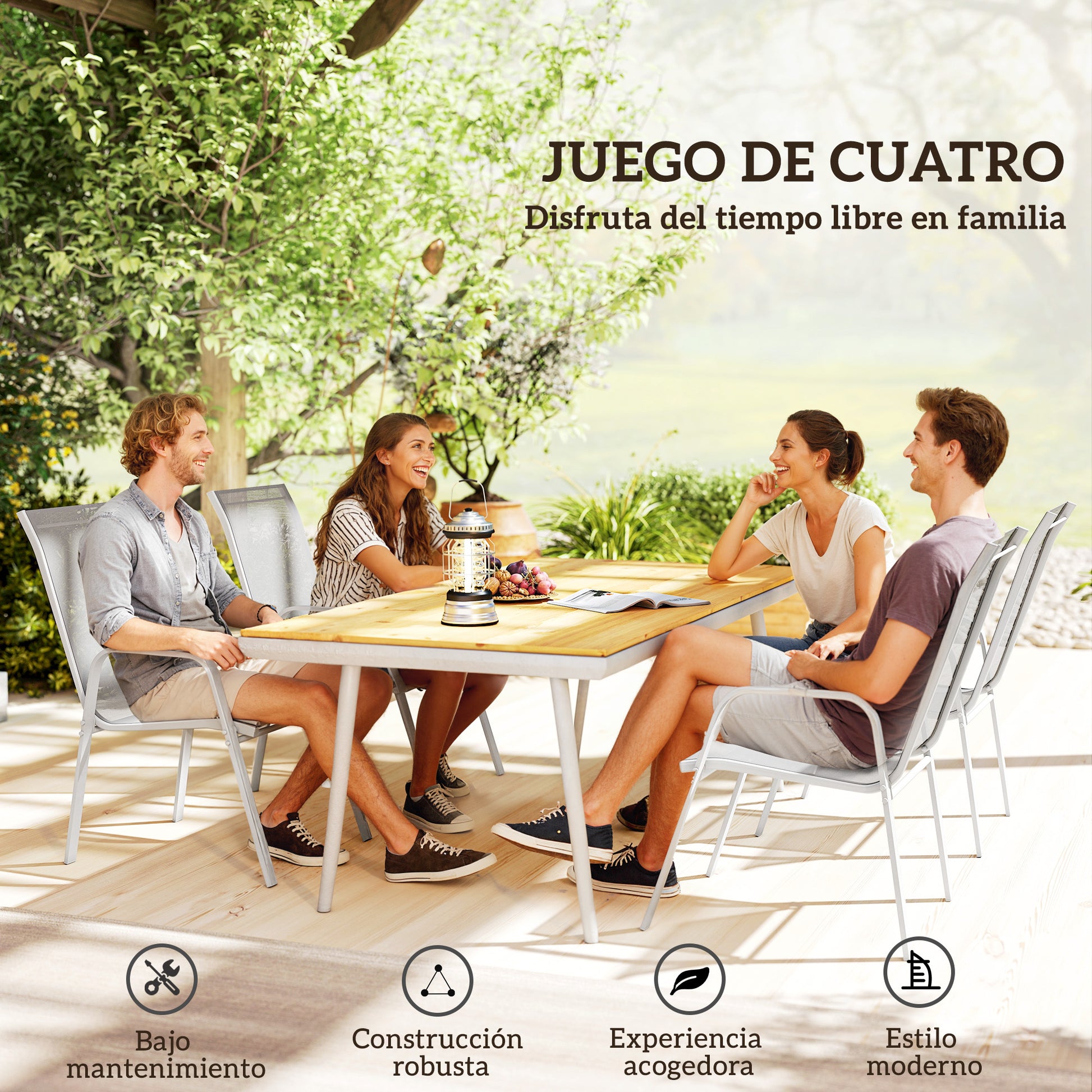 Outsunny Juego de 4 Sillas de Jardín Exterior Sillas Terraza Exterior Apilables Sillón de Comedor con Tela Transpirable Marco de Metal Reposabrazos y Respaldo 54x75,5x95 cm Gris Claro