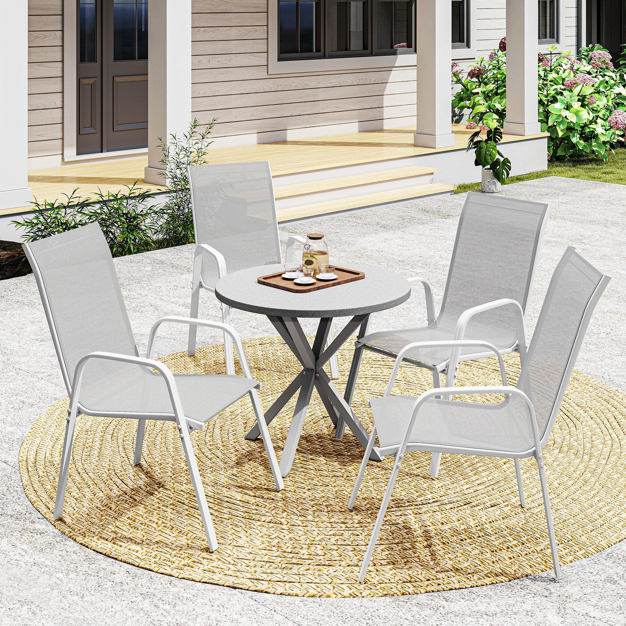 Outsunny Juego de 4 Sillas de Jardín Exterior Sillas Terraza Exterior Apilables Sillón de Comedor con Tela Transpirable Marco de Metal Reposabrazos y Respaldo 54x75,5x95 cm Gris Claro