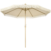Outsunny Sombrilla Terraza Exterior, Ø265x244 cm, Sombrilla de Jardín con Ángulo Ajustable, Manivela, Flecos de Estilo Boho, Impermeable, Parasol para Patio, Terraza, Crema