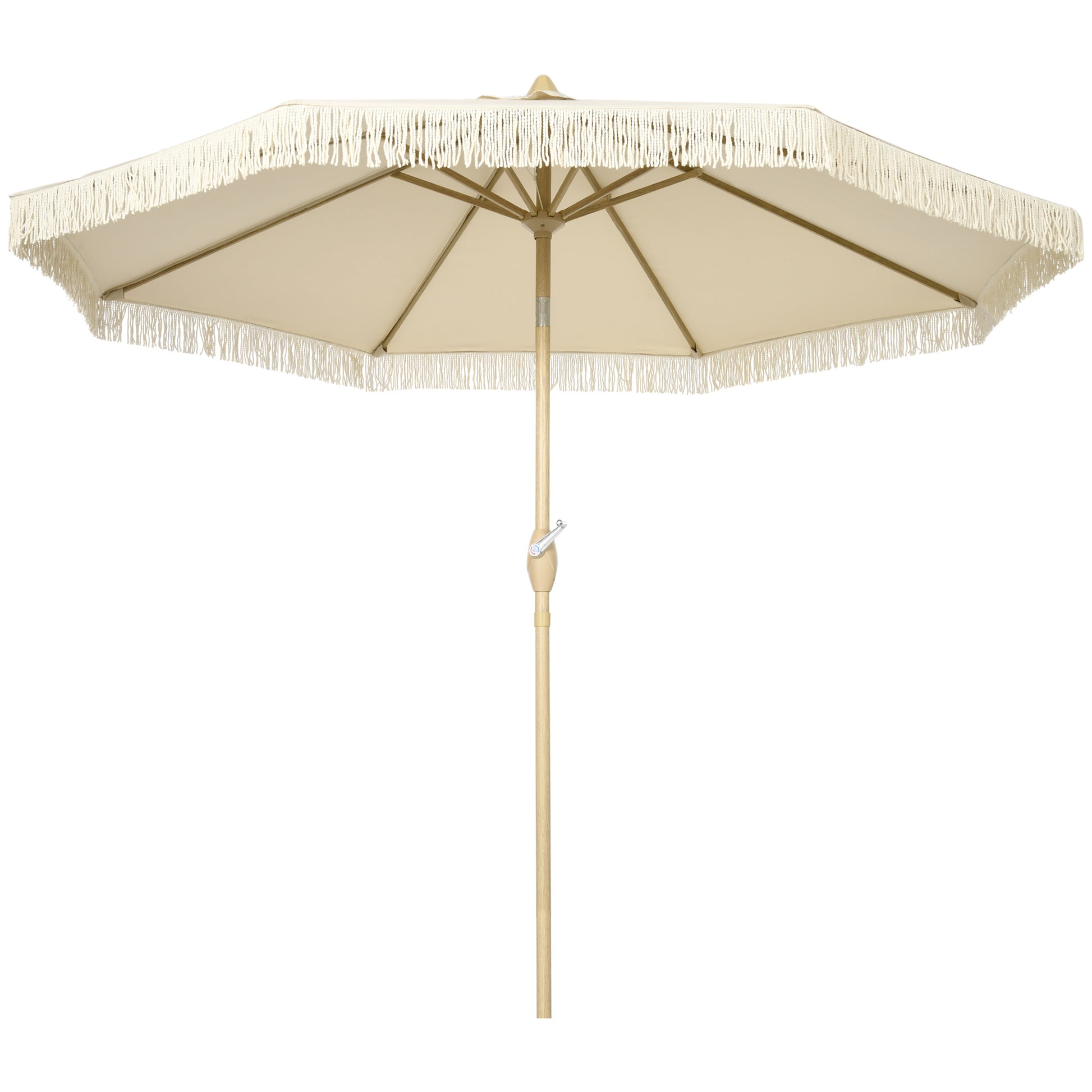 Outsunny Sombrilla Terraza Exterior, Ø265x244 cm, Sombrilla de Jardín con Ángulo Ajustable, Manivela, Flecos de Estilo Boho, Impermeable, Parasol para Patio, Terraza, Crema