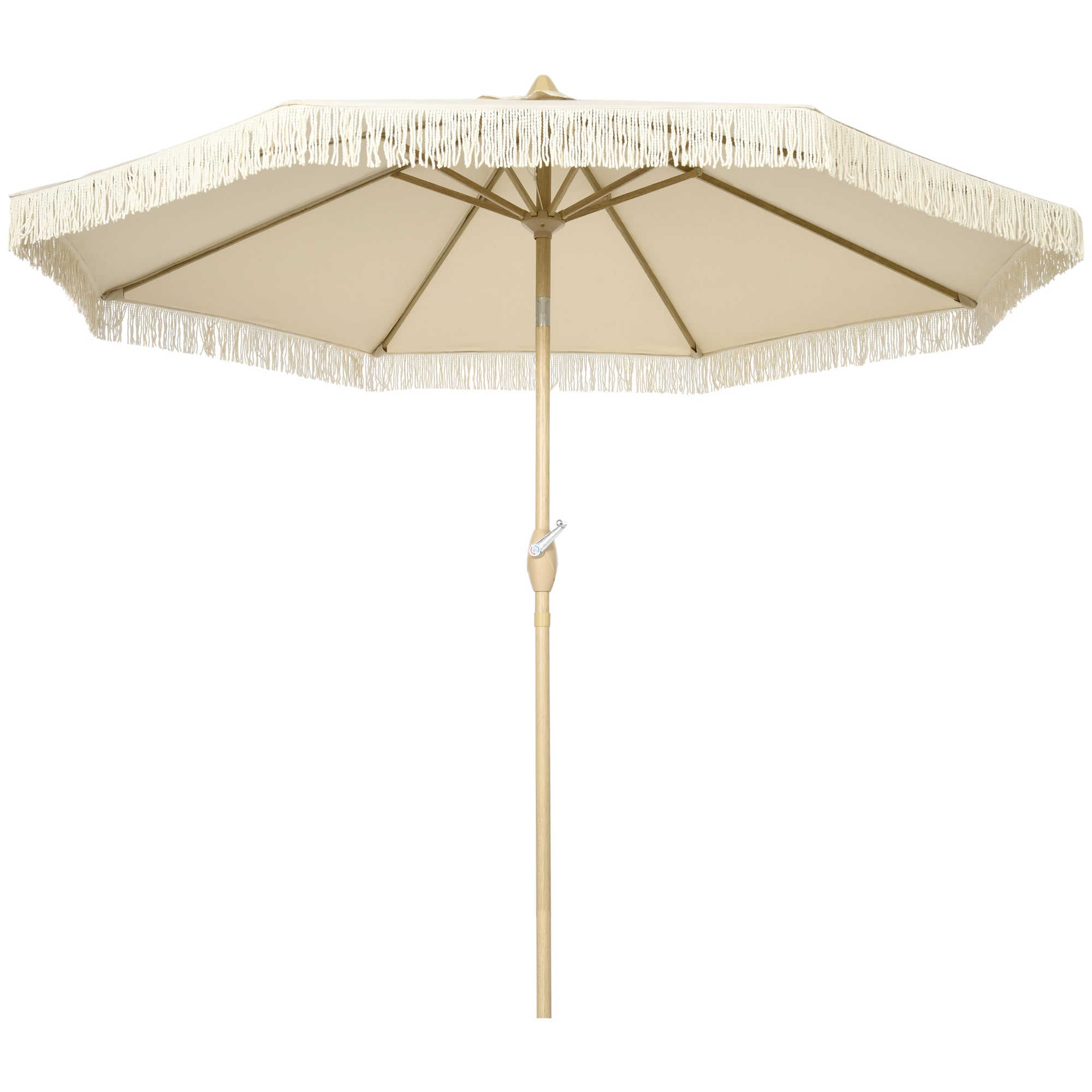 Outsunny Sombrilla Terraza Exterior, Ø265x244 cm, Sombrilla de Jardín con Ángulo Ajustable, Manivela, Flecos de Estilo Boho, Impermeable, Parasol para Patio, Terraza, Crema