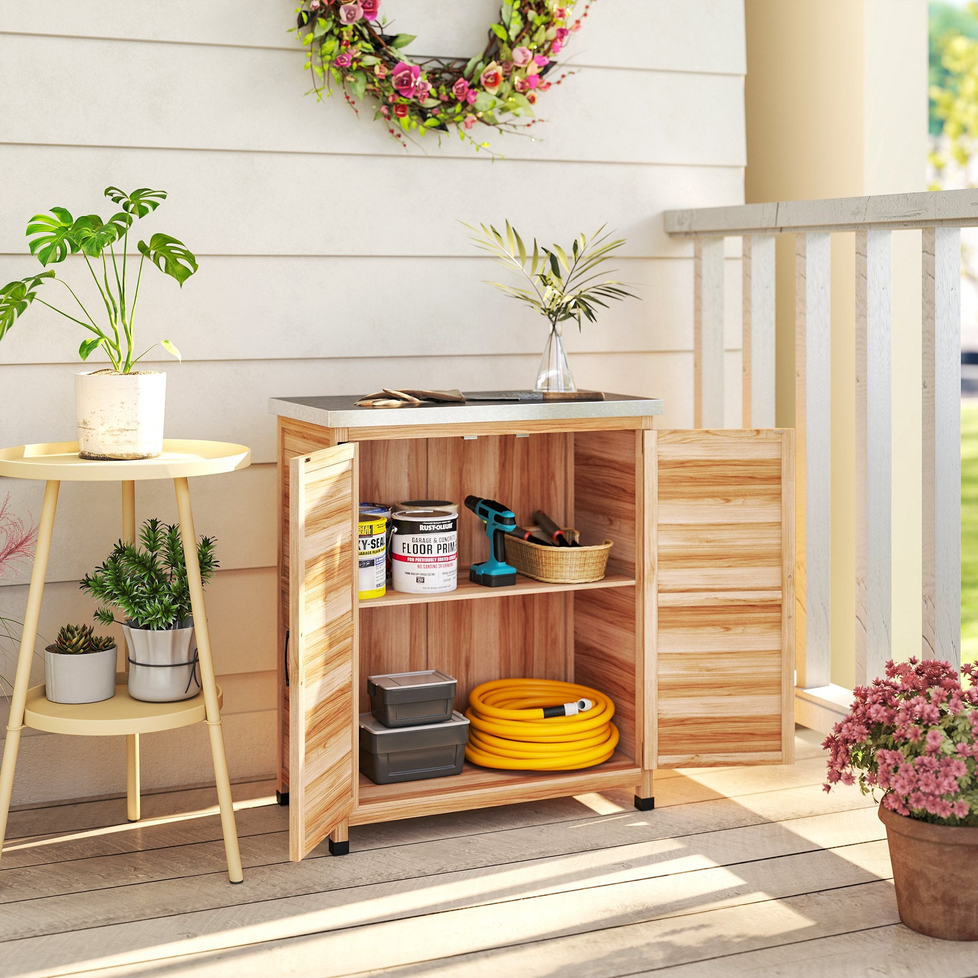 Outsunny Armario de Exterior de Madera, Caseta de Jardín Exterior con Techo de Acero Galvanizado, Estante, 2 Puertas, Cobertizo de Jardín para Almacenamiento de Herramientas, 79x43x92 cm, Natural