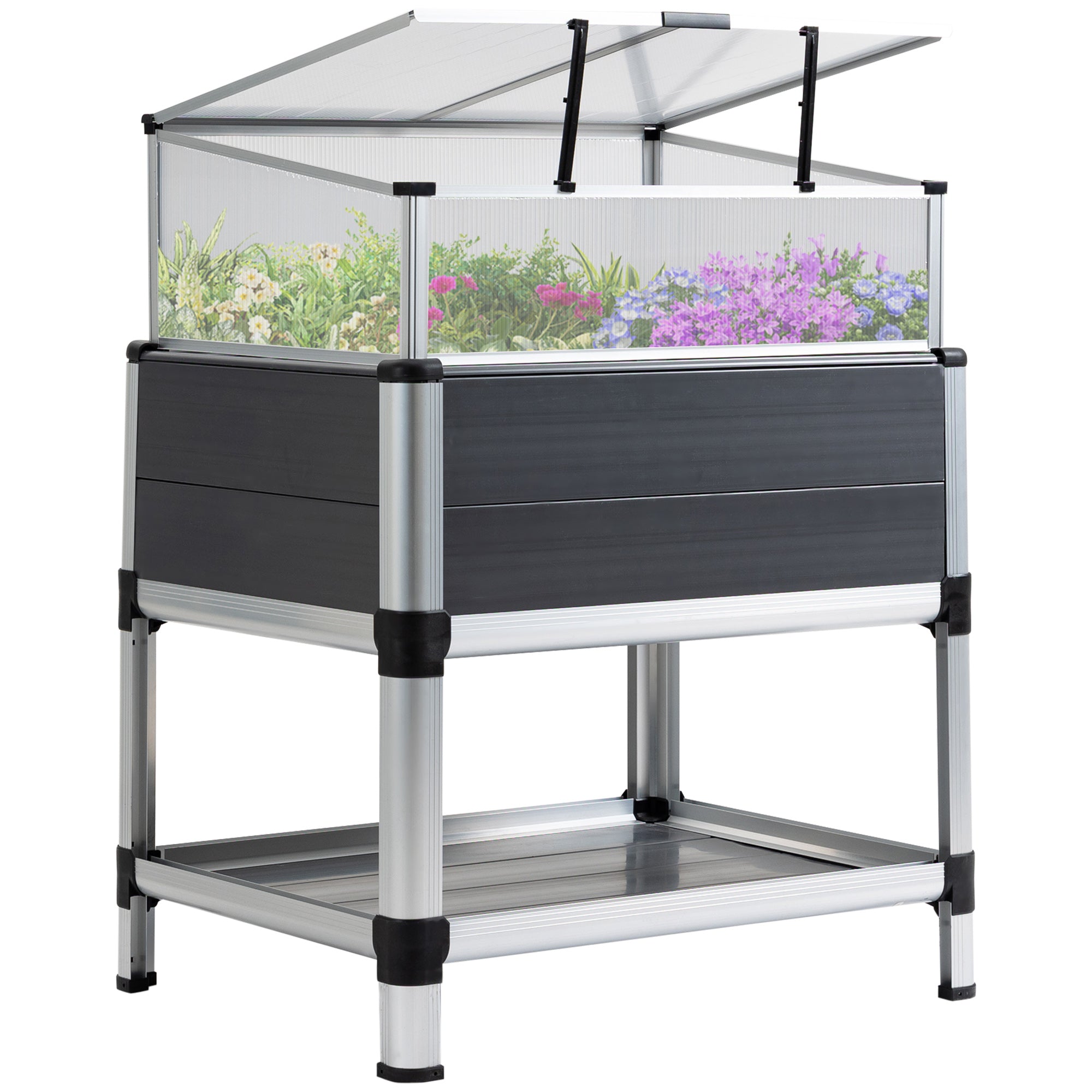 Outsunny Huerto Urbano Elevado de Aluminio 78,5x61x99,5 cm Macetero con Cubierta de Policarbonato Techos Abatibles y Estante Inferior para Cultivos Planta Flores Gris