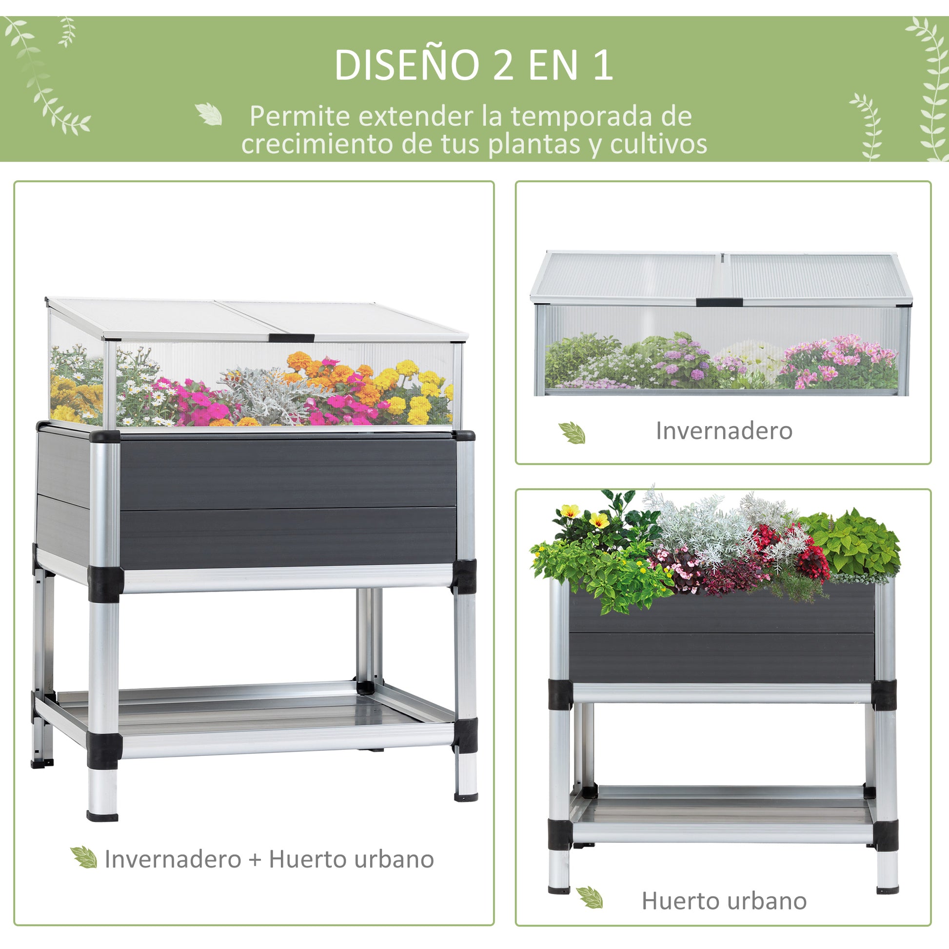 Outsunny Huerto Urbano Elevado de Aluminio 78,5x61x99,5 cm Macetero con Cubierta de Policarbonato Techos Abatibles y Estante Inferior para Cultivos Planta Flores Gris