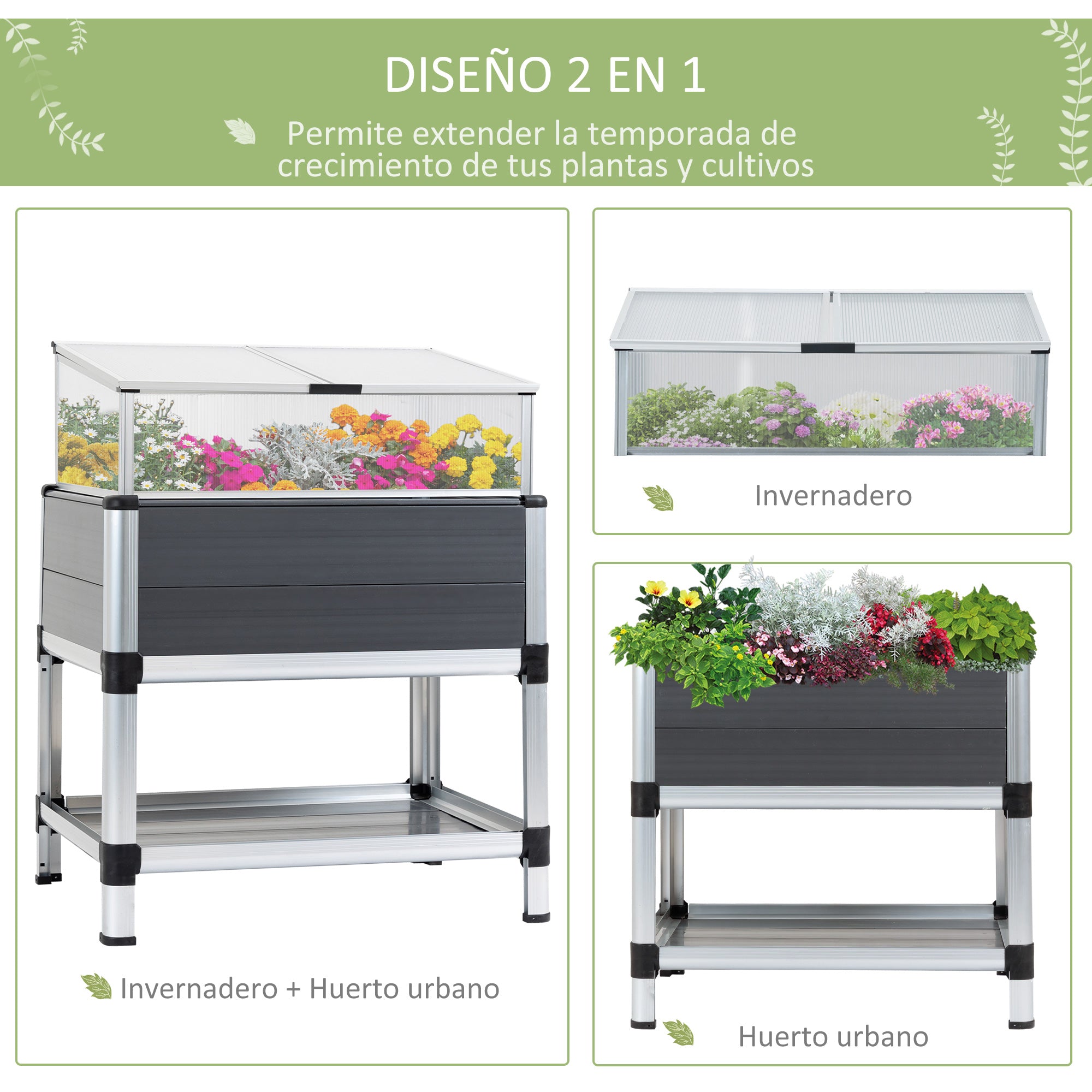 Outsunny Huerto Urbano Elevado de Aluminio 78,5x61x99,5 cm Macetero con Cubierta de Policarbonato Techos Abatibles y Estante Inferior para Cultivos Planta Flores Gris