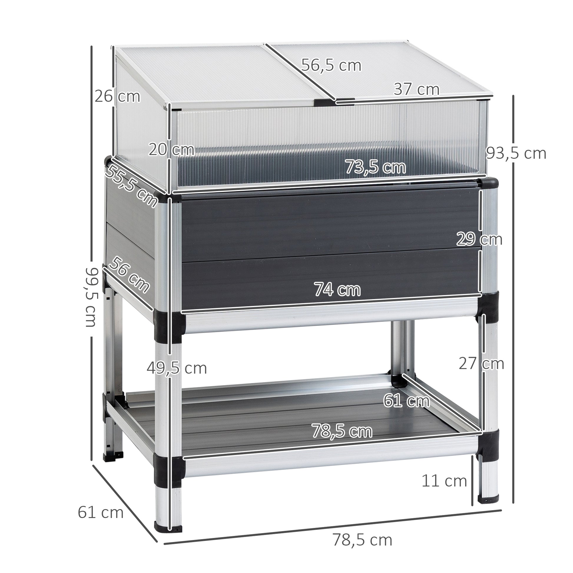 Outsunny Huerto Urbano Elevado de Aluminio 78,5x61x99,5 cm Macetero con Cubierta de Policarbonato Techos Abatibles y Estante Inferior para Cultivos Planta Flores Gris