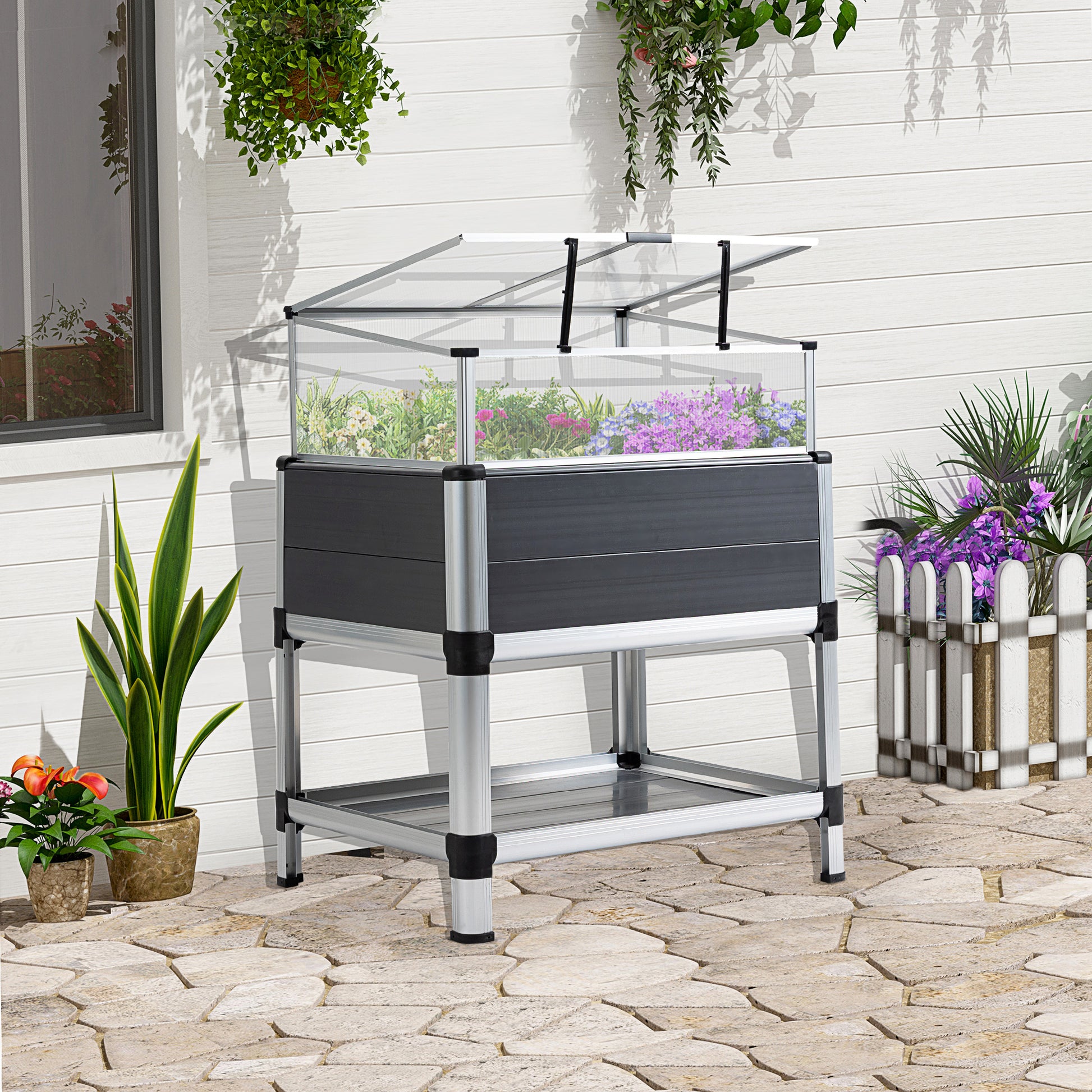 Outsunny Huerto Urbano Elevado de Aluminio 78,5x61x99,5 cm Macetero con Cubierta de Policarbonato Techos Abatibles y Estante Inferior para Cultivos Planta Flores Gris