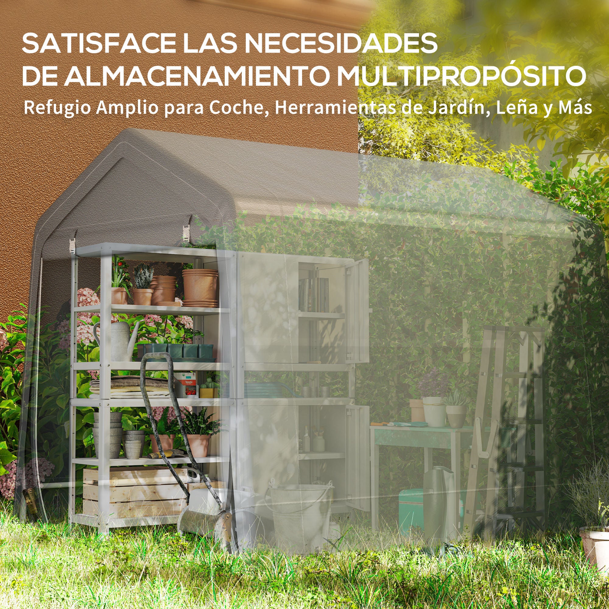 Outsunny Carpa de Jardín Exterior para Herramientas, Bicicletas, 2,4x2x2 m, Cobertizo Exterior con Marco de Metal, 2 Puertas Enrollables con Cremallera, Impermeable, Anti-UV, Garaje Portátil, Gris