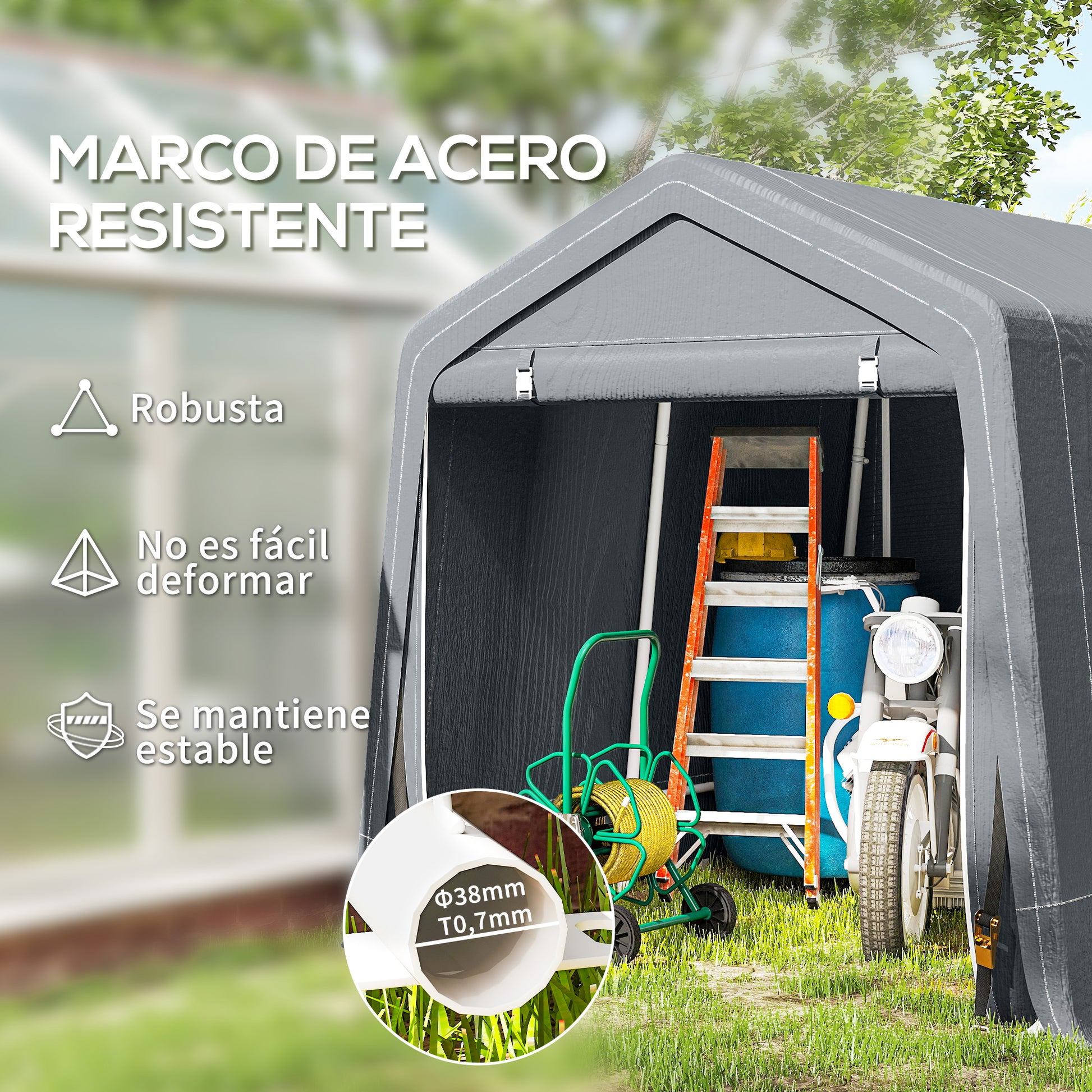Outsunny Carpa de Jardín Exterior para Herramientas, Bicicletas, 2,4x2x2 m, Cobertizo Exterior con Marco de Metal, 2 Puertas Enrollables con Cremallera, Impermeable, Anti-UV, Garaje Portátil, Gris