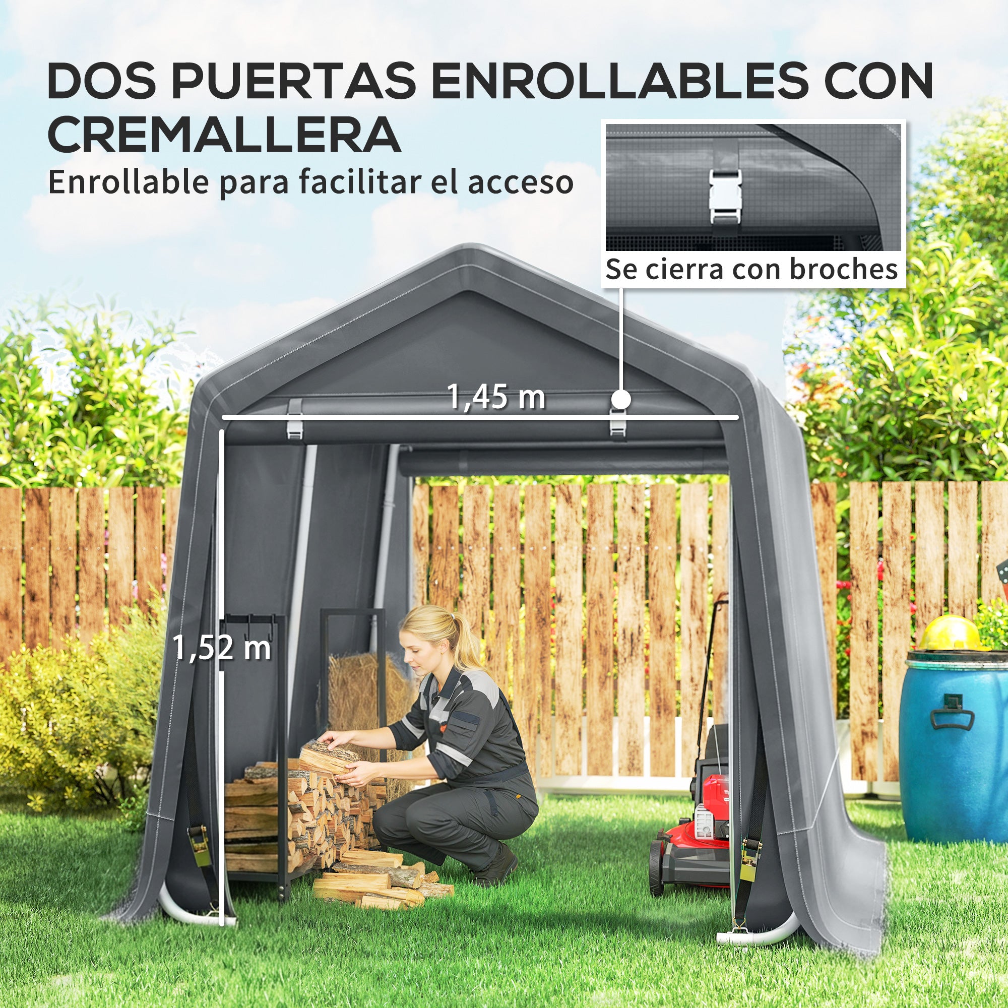 Outsunny Carpa de Jardín Exterior para Herramientas, Bicicletas, 2,4x2x2 m, Cobertizo Exterior con Marco de Metal, 2 Puertas Enrollables con Cremallera, Impermeable, Anti-UV, Garaje Portátil, Gris