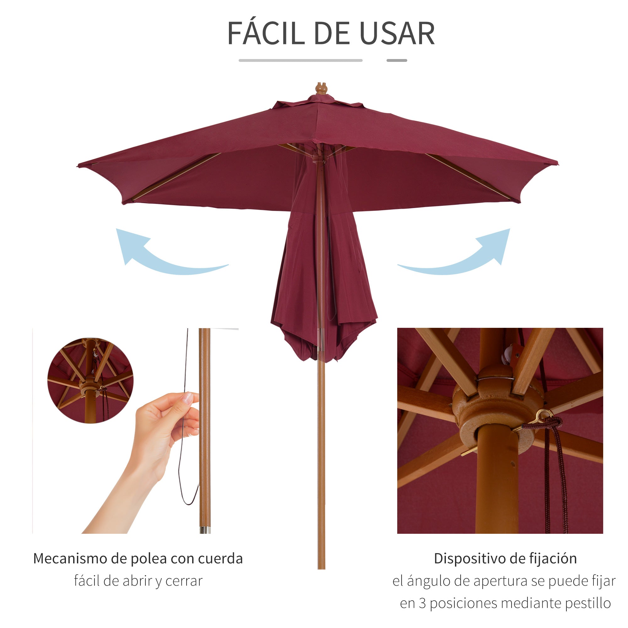 Outsunny Sombrilla de Jardín Ø250x230 cm Parasol de Terraza con 6 Varillas Poste Desmontable Anti-UV Impermeable y Marco de Madera para Playa Patio Rojo Vino